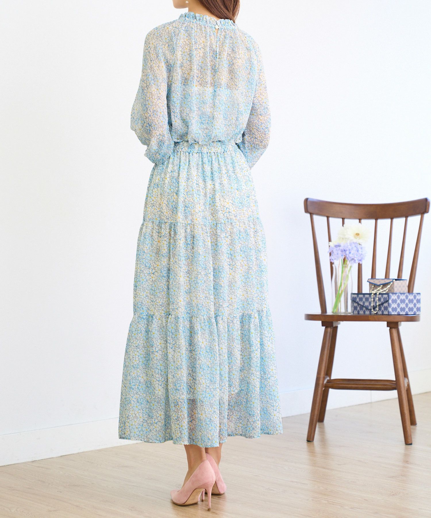 プリマシェレル/PrimaScherrer/レディース/ティアードスカート/春夏/総柄/ラベンダー/サックス/オレンジ/シアー/透け感/シアー感/ワンピースライク/セットアップ/エレガント/上品