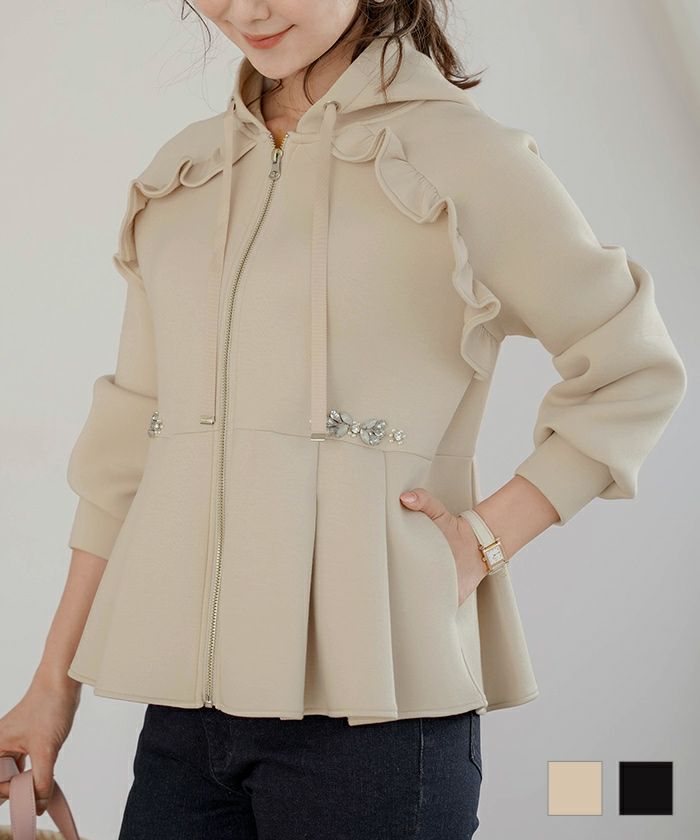 ビジュー ＆ フリル ボンディング パーカー le reve vaniller 全2色  