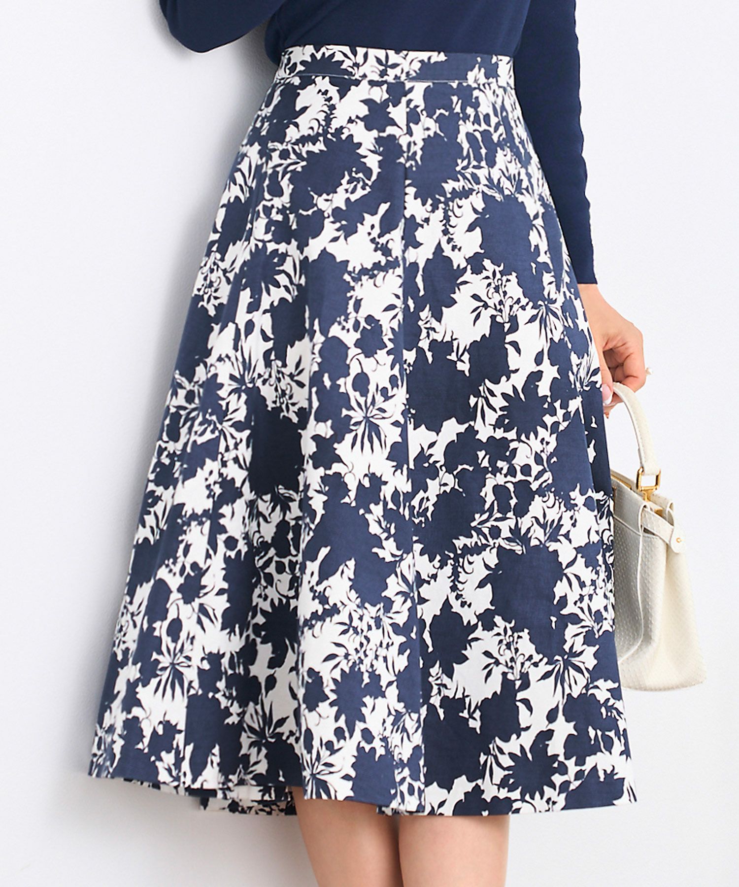 プリマシェレル/PrimaScherrer/レディース/モカ/ネイビー/フラワープリント/フレアスカート/グログラン/綿/S/M/エレガント/上品/きれいめ/クラス感/食事会/エレガントスカート
