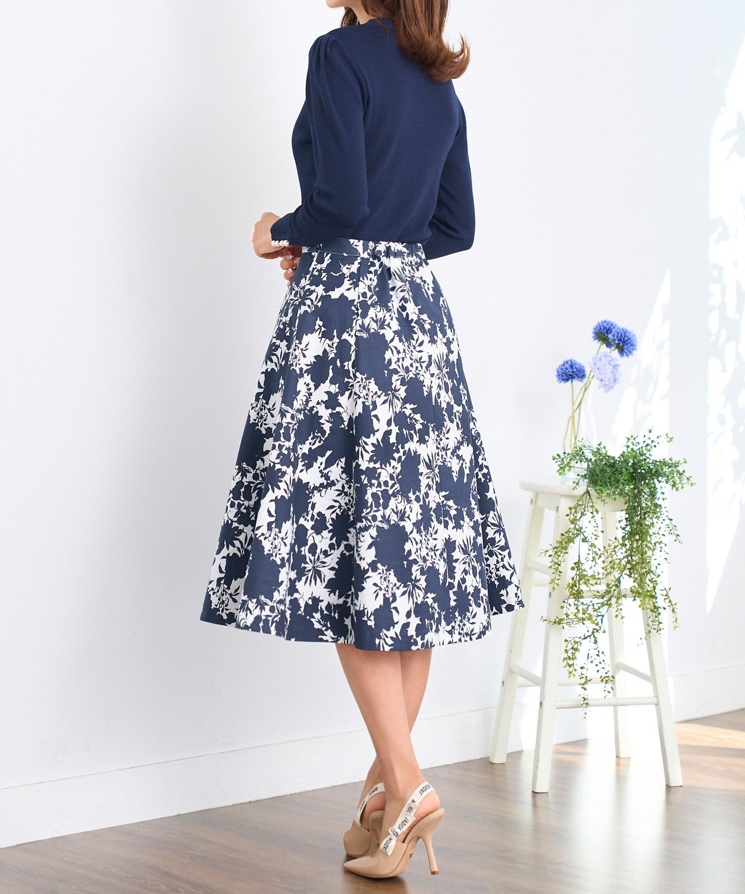 プリマシェレル/PrimaScherrer/レディース/モカ/ネイビー/フラワープリント/フレアスカート/グログラン/綿/S/M/エレガント/上品/きれいめ/クラス感/食事会/エレガントスカート