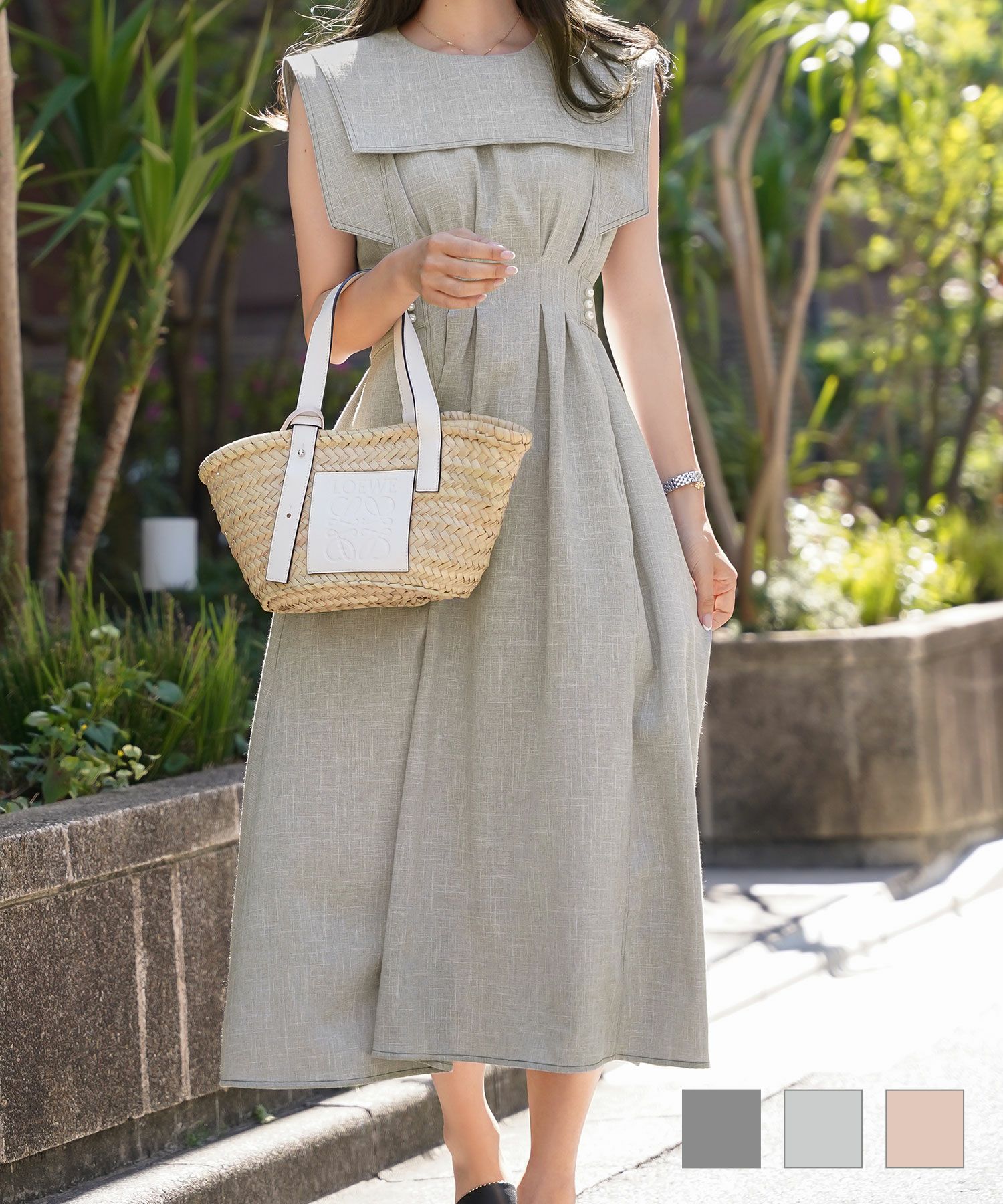 配色ステッチセーラーカラーワンピースlerevevanillerチャコール/ライトグレー/ピンクベージュ