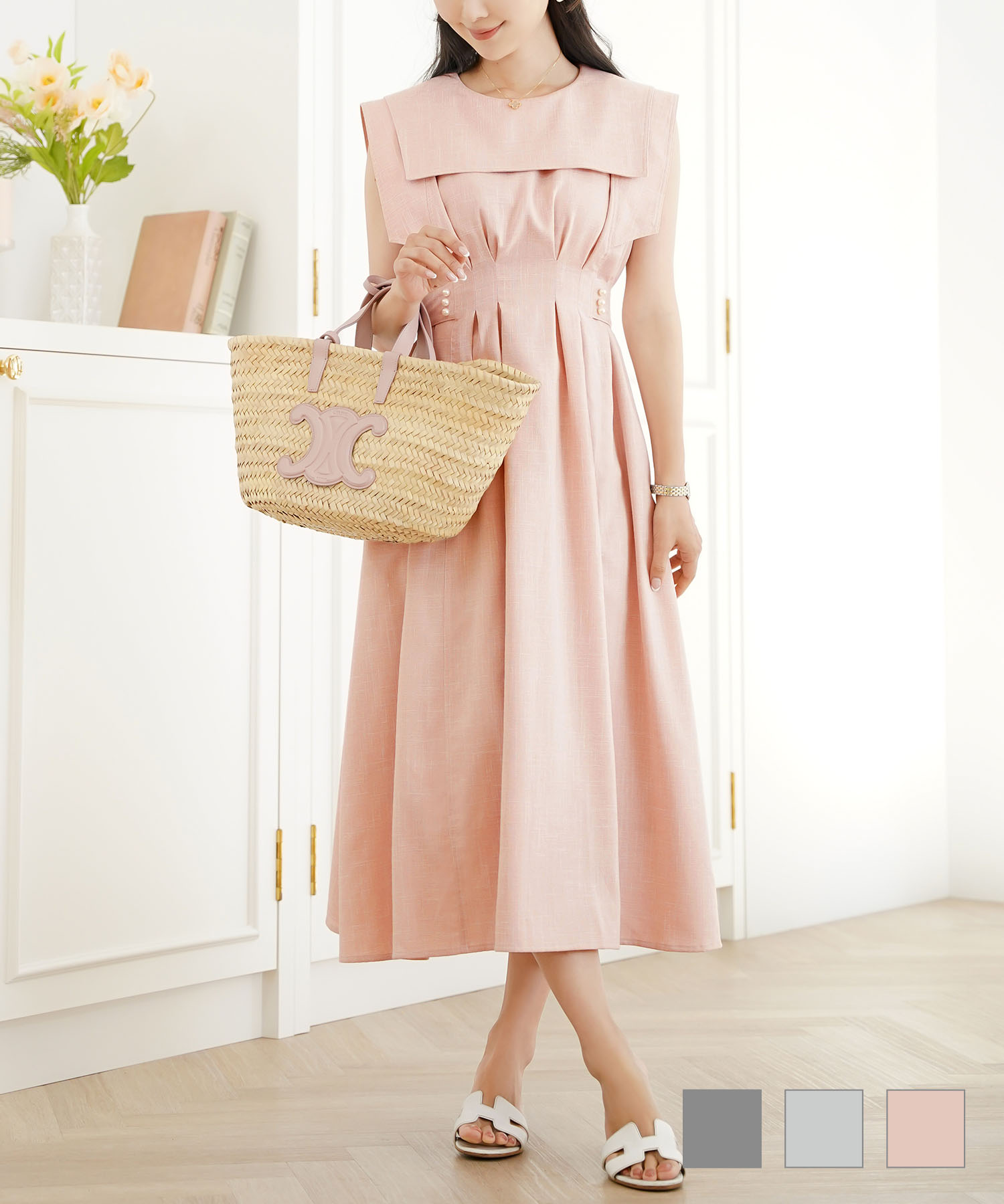 配色ステッチセーラーカラーワンピースlerevevanillerチャコール/ライトグレー/ピンクベージュ