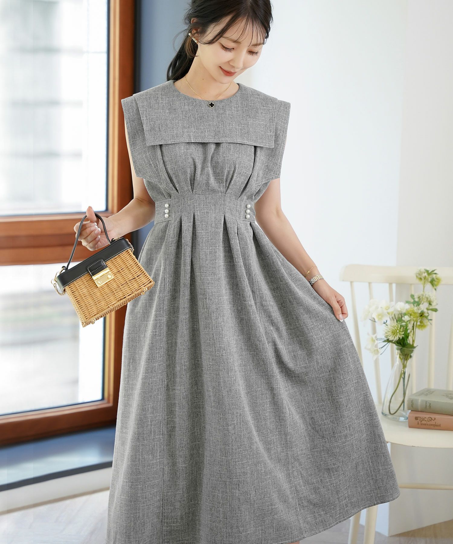 レディース/ワンピース/セーラーカラー/パール/ステッチ/配色/タック/リボン/ノースリーブ/チャコールグレー/ピンク/ベージュ/グレー/ネイビー/ツイル/マリン/フェミニン/大人可愛い