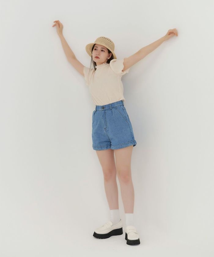 裾折り返し デニムショートパンツ TINA：JOJUN 全2色｜tnj711