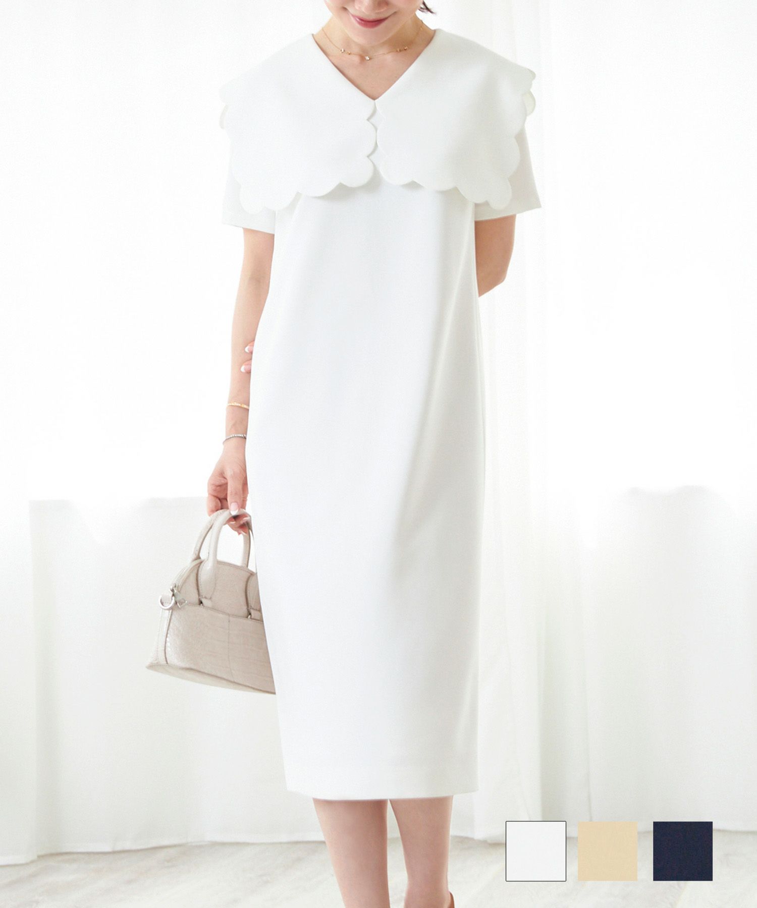 スカラップ ビッグカラー Iライン ワンピース Liala×PG 全3色｜lpg311  