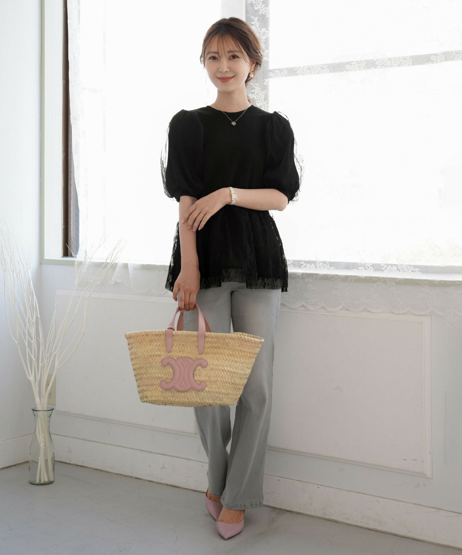 レディース/トップス/カットソー/パフスリーブ/ペプラム/レース/チュール/チェック/花柄/半袖/夏/アイボリー/ブラック/大人可愛い