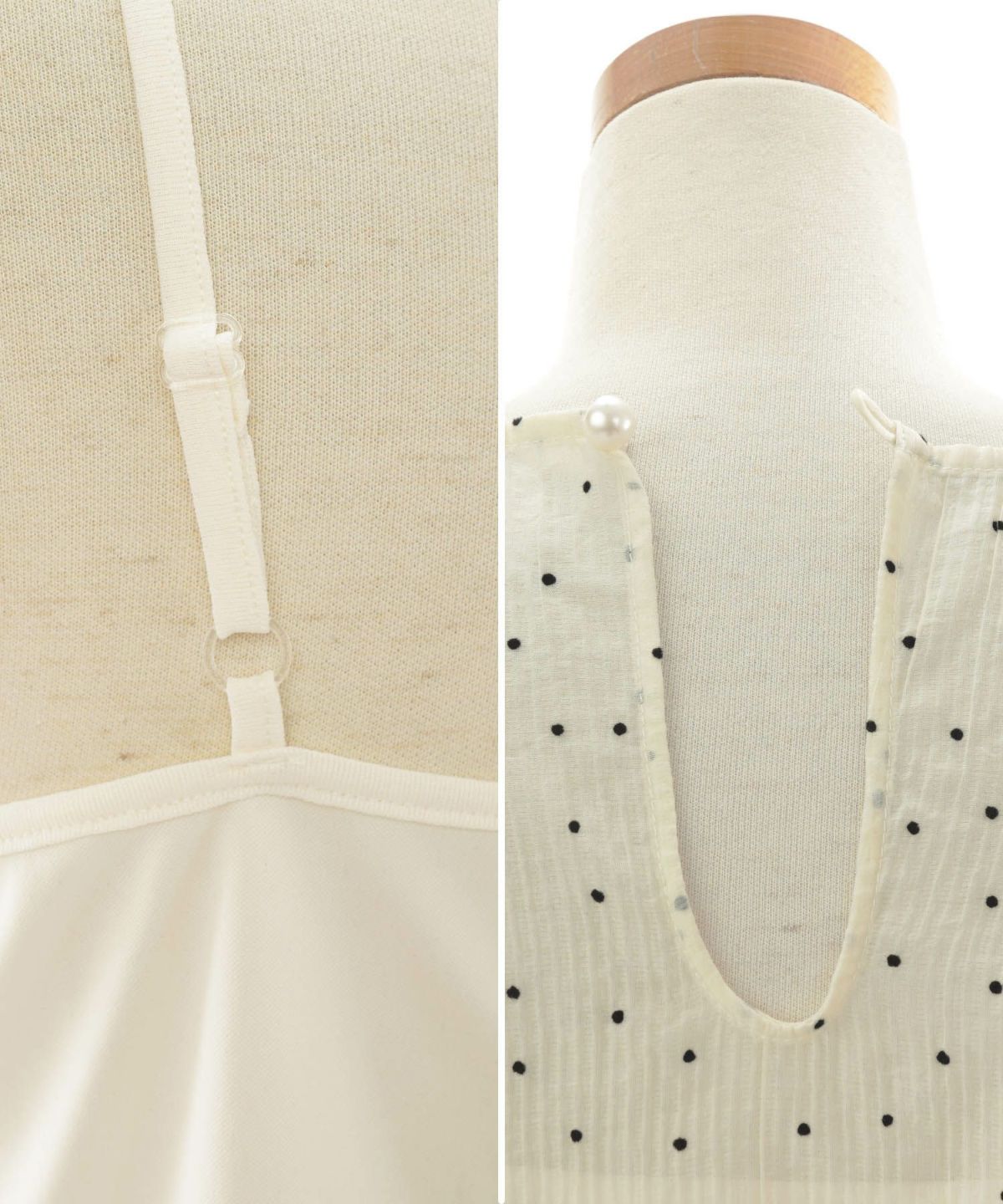 レディース/トップス/ブラウス/プルオーバー/キャミソール/キャミ/ドット/フロッキー/シワ加工/プリーツ/シアー素材/クルーネック/パフスリーブ/セットアップ/春/夏/半袖/アイボリー/ブラック/