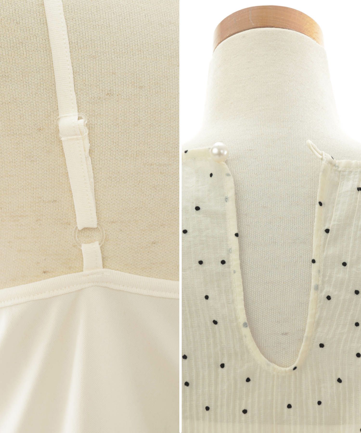 レディース/トップス/ブラウス/プルオーバー/キャミソール/キャミ/ドット/フロッキー/シワ加工/プリーツ/シアー素材/クルーネック/パフスリーブ/セットアップ/春/夏/半袖/アイボリー/ブラック/