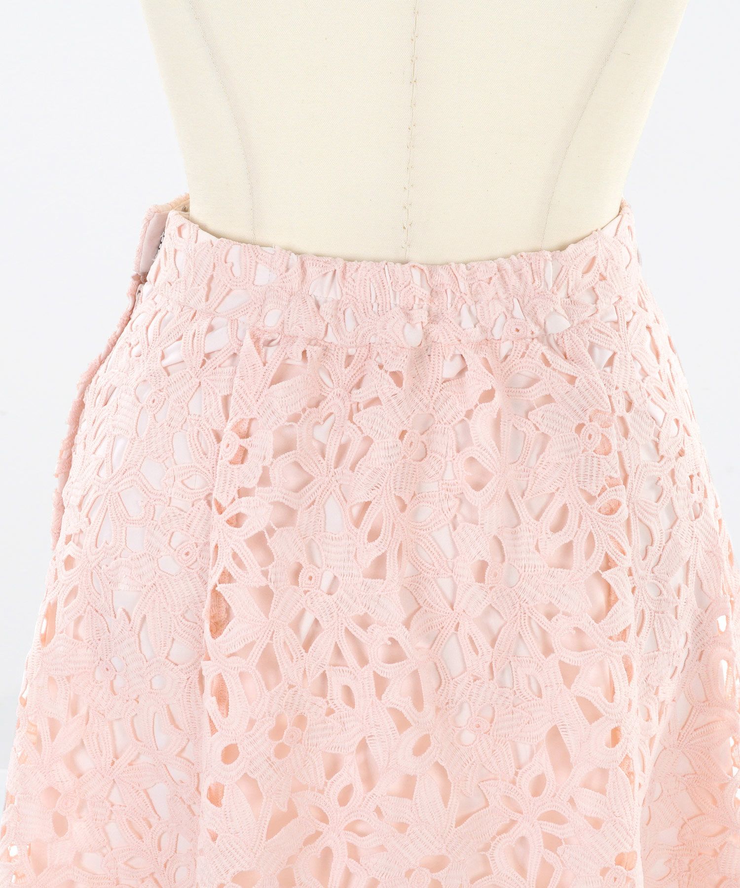 ボトムス/セットアップ着用可能/総レース/スカラップ/上品/華やか/フェミニン/ウエストゴム/ファスナー/膝下/S/M/花柄レース/花柄/通勤/フォーマル/お呼ばれ/ケミカルレース/エレガント/立体/華やか/涼やか/パステル/ホワイト/ピンク/サックス