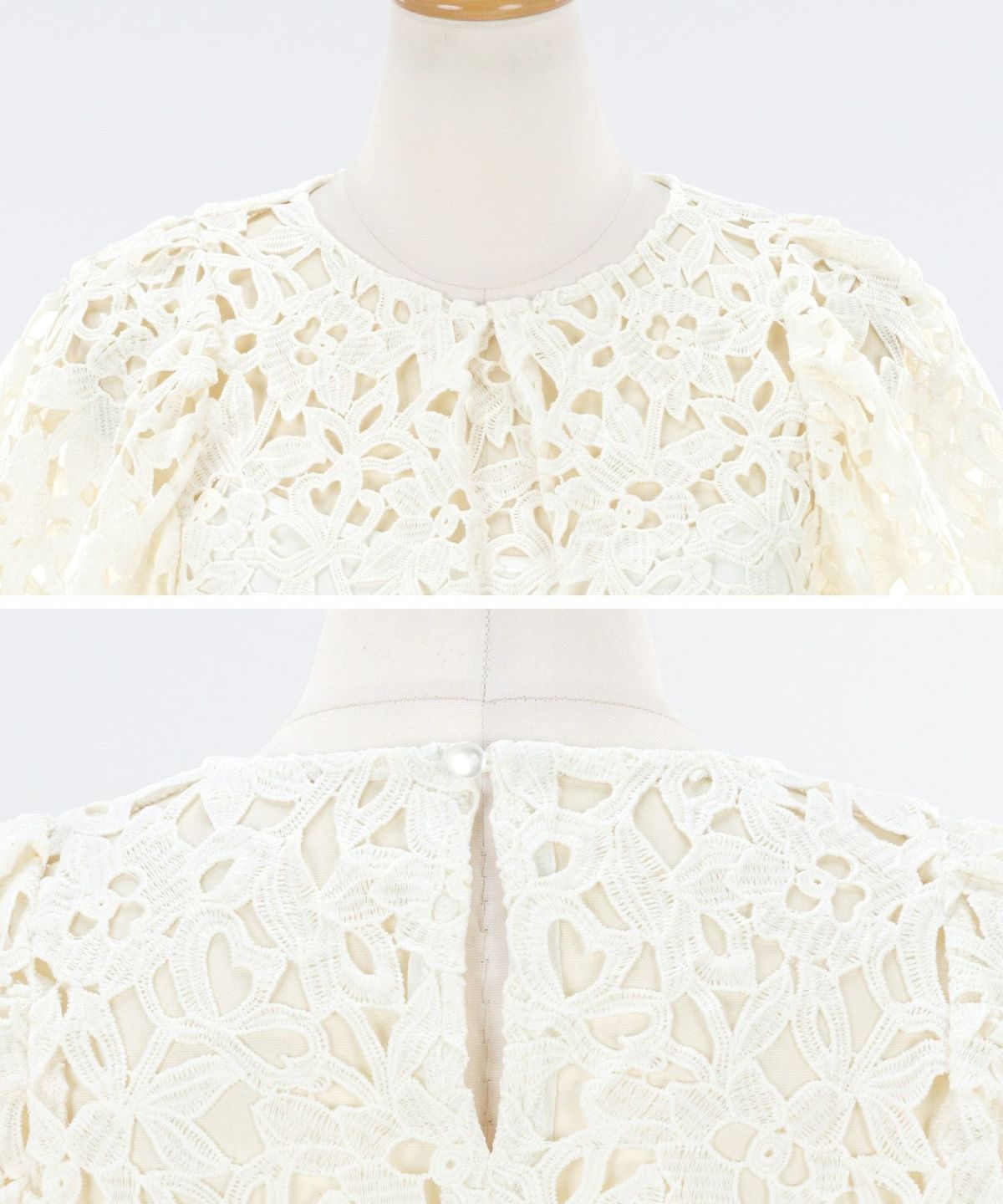 トップス/プルオーバー/ボリュームスリーブ/上品/フェミニン/総レース/花柄レース/花柄/通勤/フォーマル/お呼ばれ/ケミカルレース/エレガント/立体/華やか/涼やか/セットアップ着用可能/インナー付き/キャミソール/5分袖/6分袖/半袖/パステル/ホワイト/ピンク/サックス