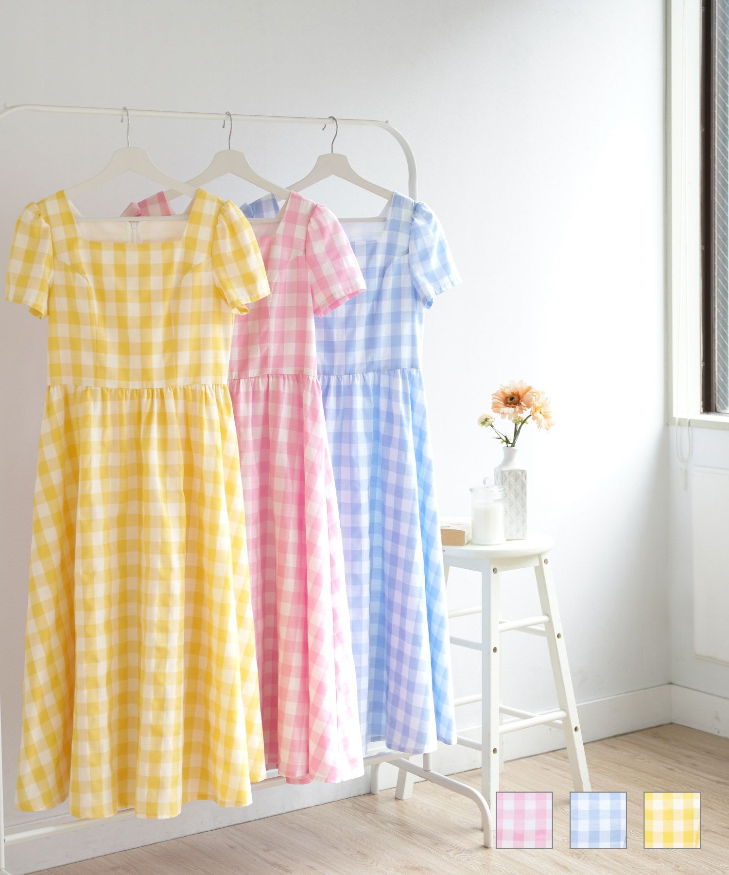 スクエアネック ギンガムチェック ワンピース Prima Scherrer