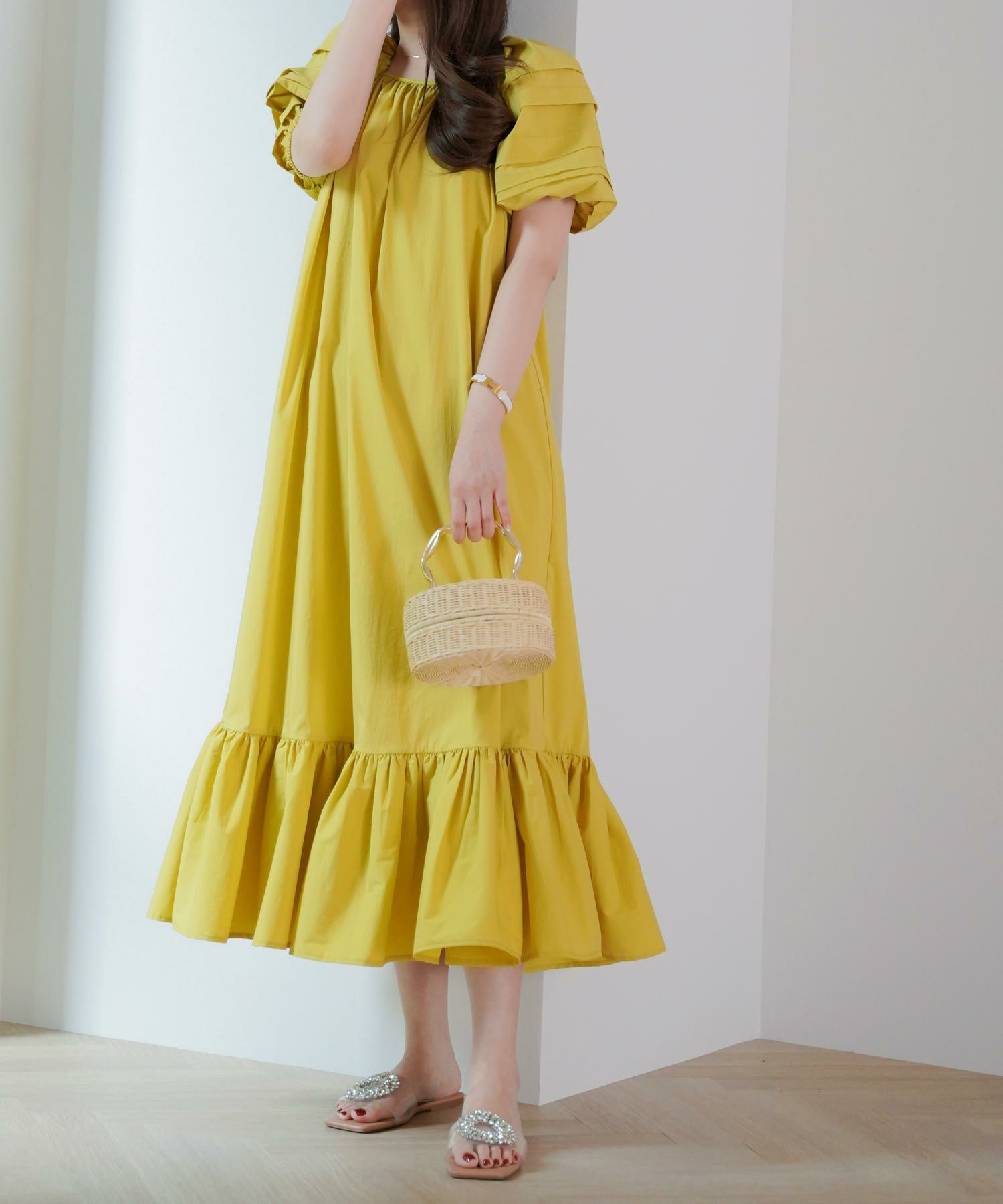 手洗い可/ロングドレス/ワンピ/パフ袖/マキシ丈