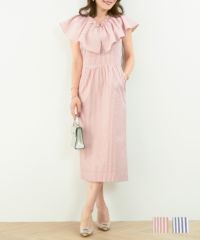 インフルエンサー着用Innika choo ピンクスカラップワンピース ストライプ フリルカラー ワンピース Liala×PG 全2色｜lpg311