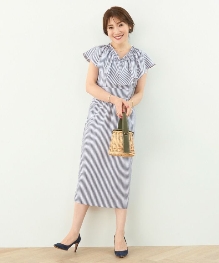 Liala×PG ライトブルー ワンピース ストライプ フィット＆フレア ワンピース Liala×PG 全2色