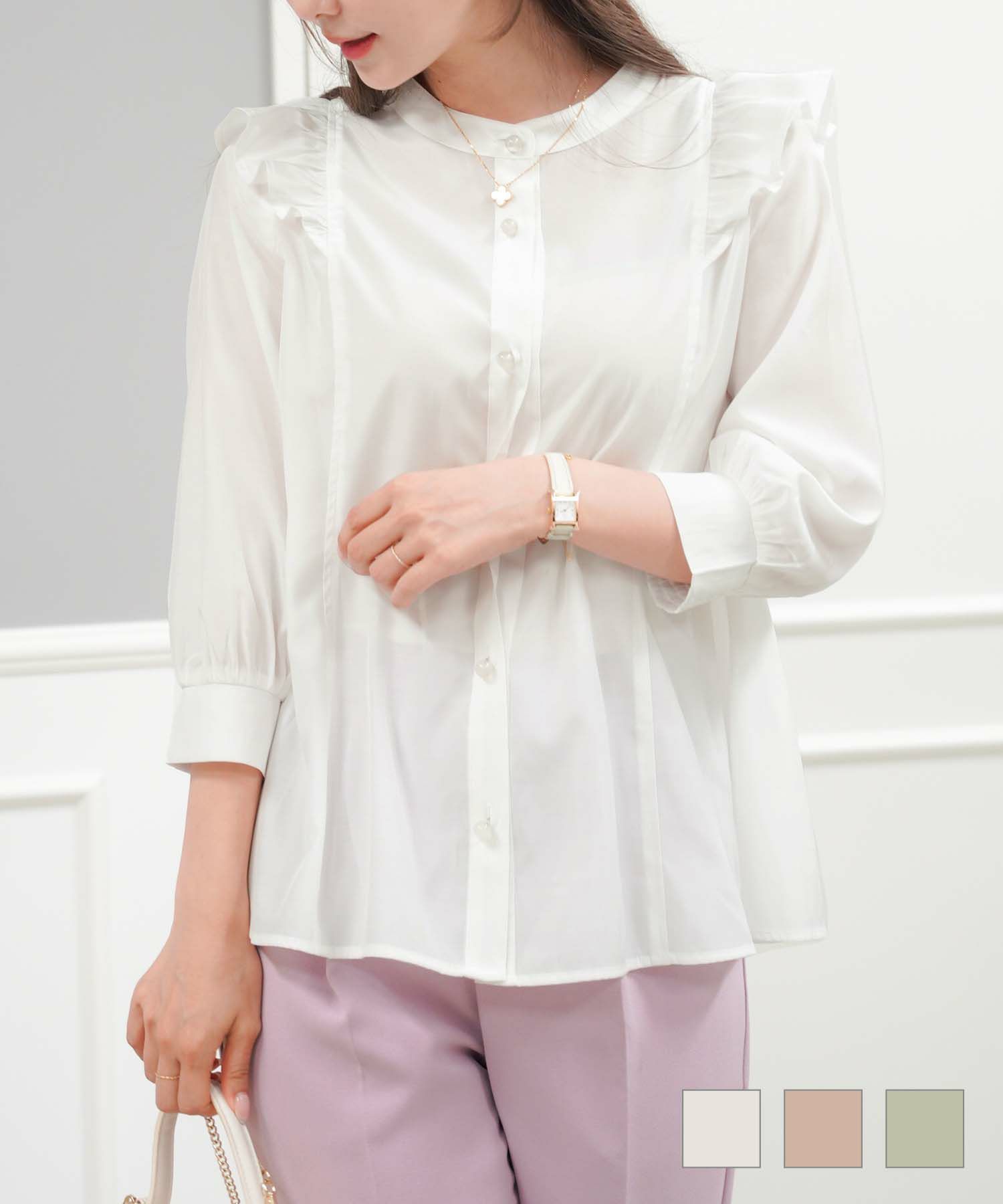 シュガーカラー バンドカラー フリル ブラウス le reve vaniller 全3色