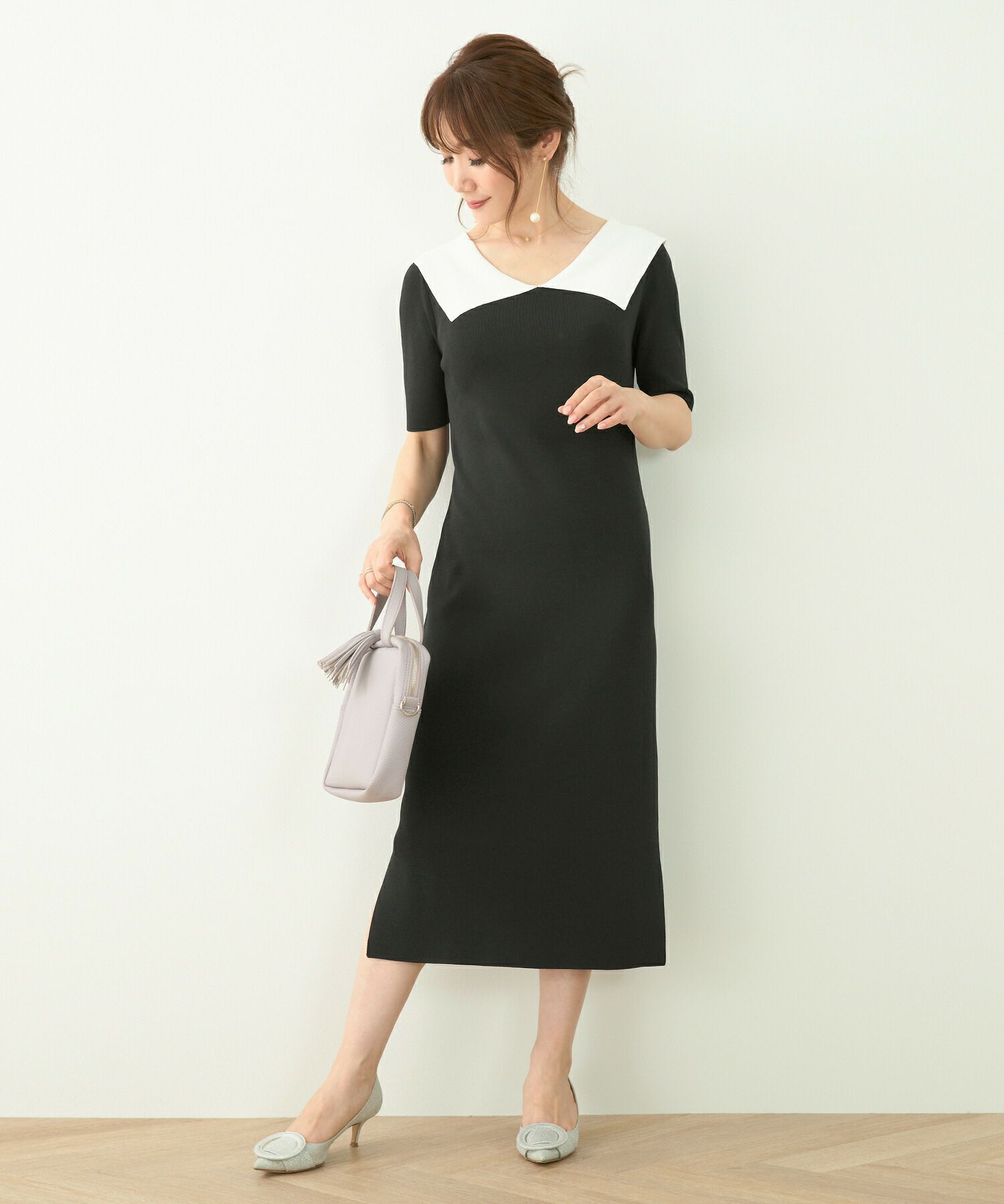 Liala×PG 襟付きニットワンピース ブラック ミラノリブ 襟付き ニット  