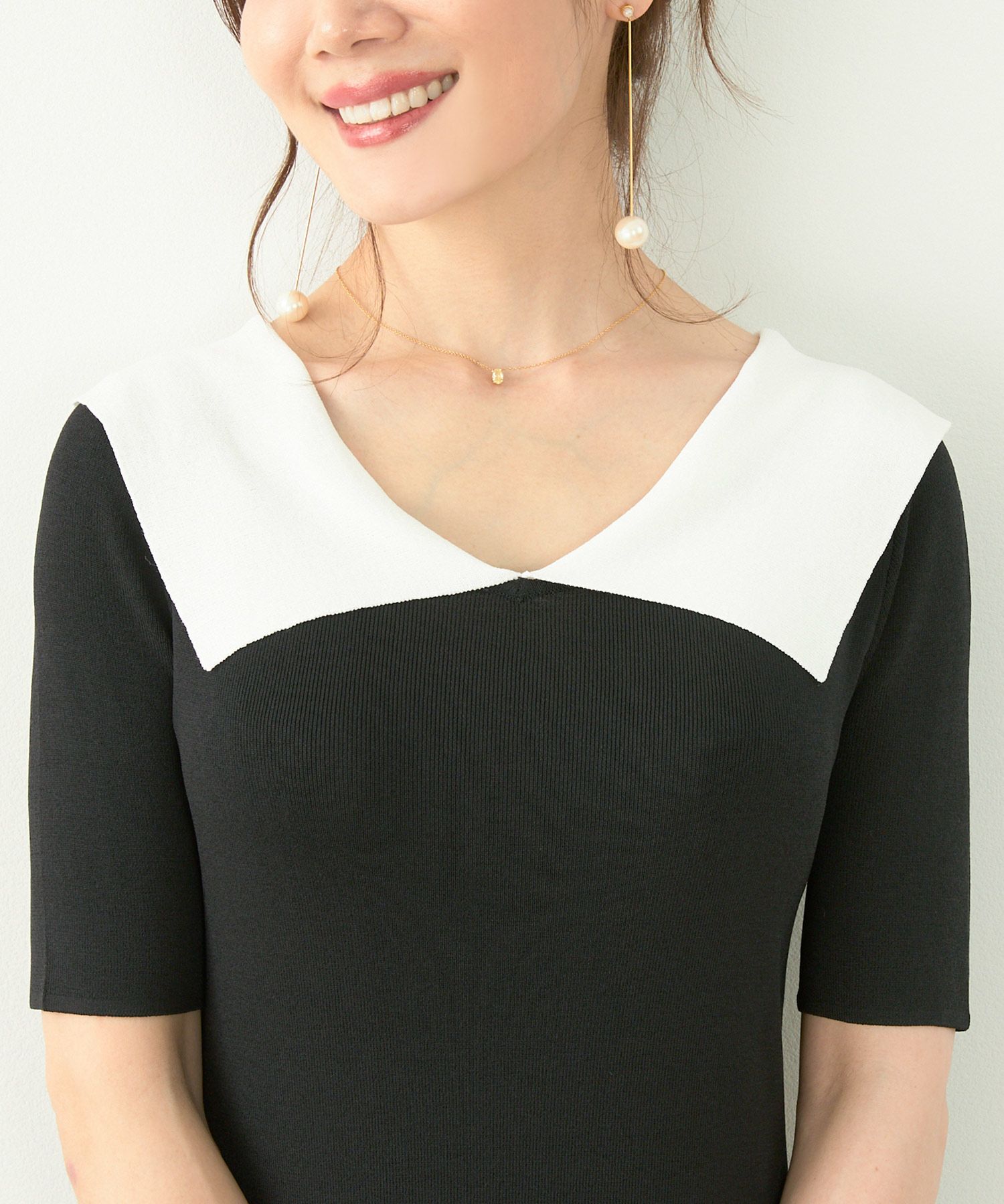 襟付き/バイカラー/Iライン/サイドスリット/夏ニット/トレンド