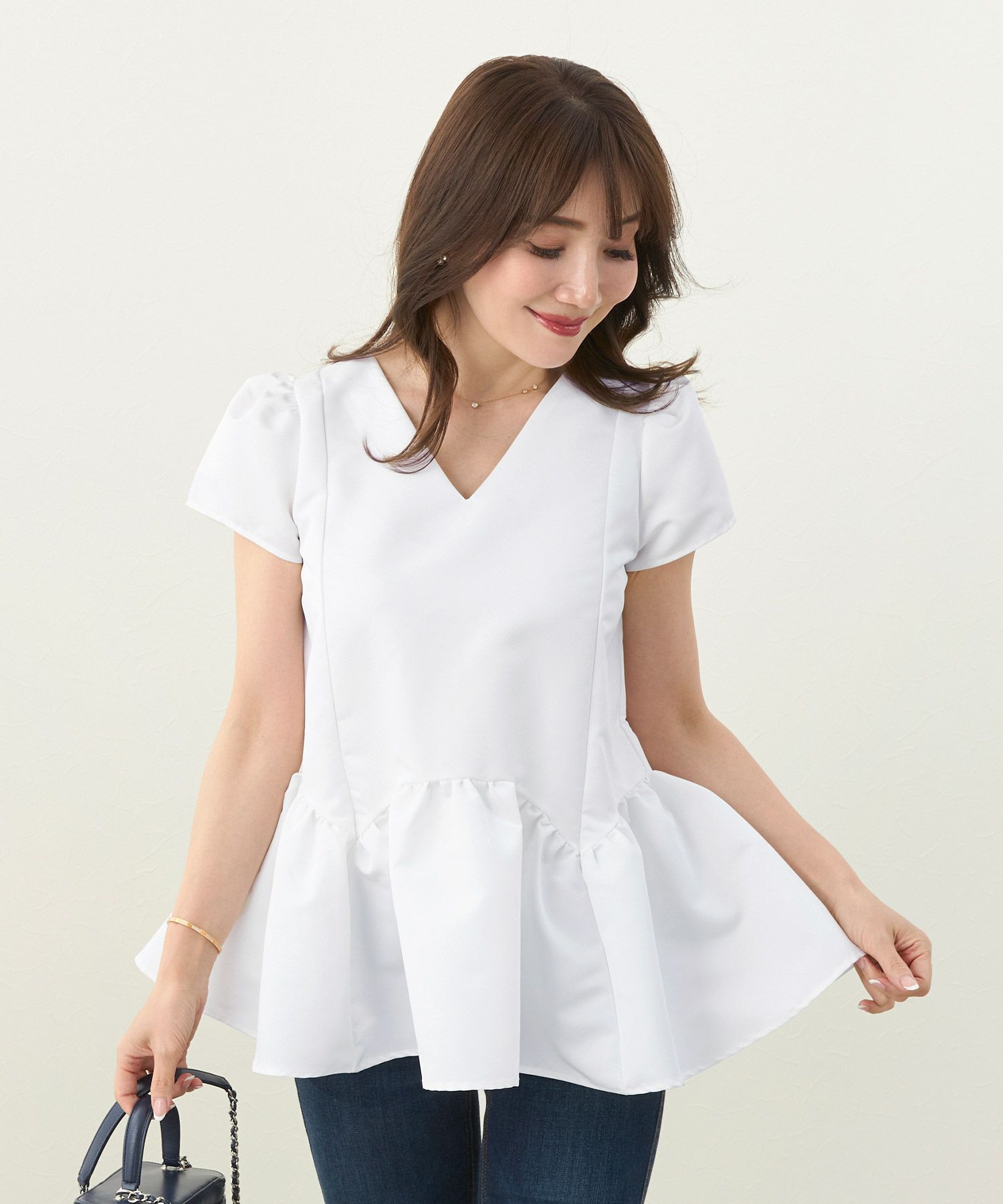 新色追加手洗い可日本製半袖プチ袖袖山ギャザーペプラム無地ドットフレア光沢感春夏秋口