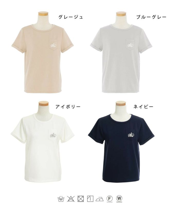 レディース/トップス/Tシャツ/クルーネック/ポケット/刺繍/春/夏/半袖/ターンバック/オフホワイト/ベージュ/ネイビー