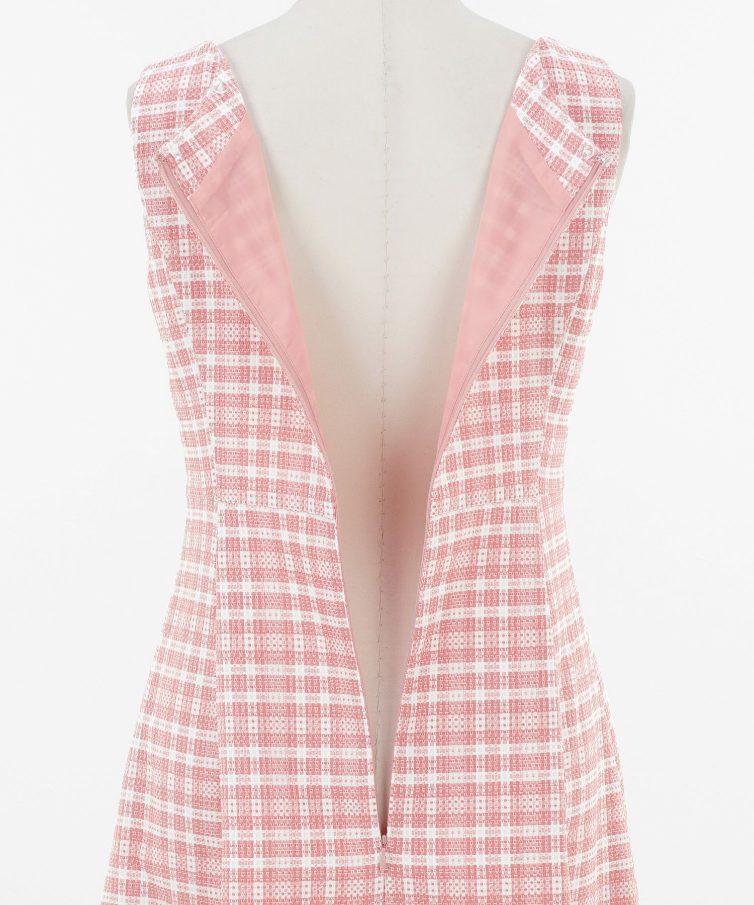 レディース/ワンピース/ドレス/ノースリーブ/ノースリーブ/襟付き/白襟/衿/フレア/フェミニン/エレガントロング/細見え/上品/チェック/ピンク/ブルー/ブラック/青/黒/華やか/可愛い/春/夏/秋口/チェックワンピース/Vネック/上品/バイカラー/配色/フィット＆フレア/取り外し