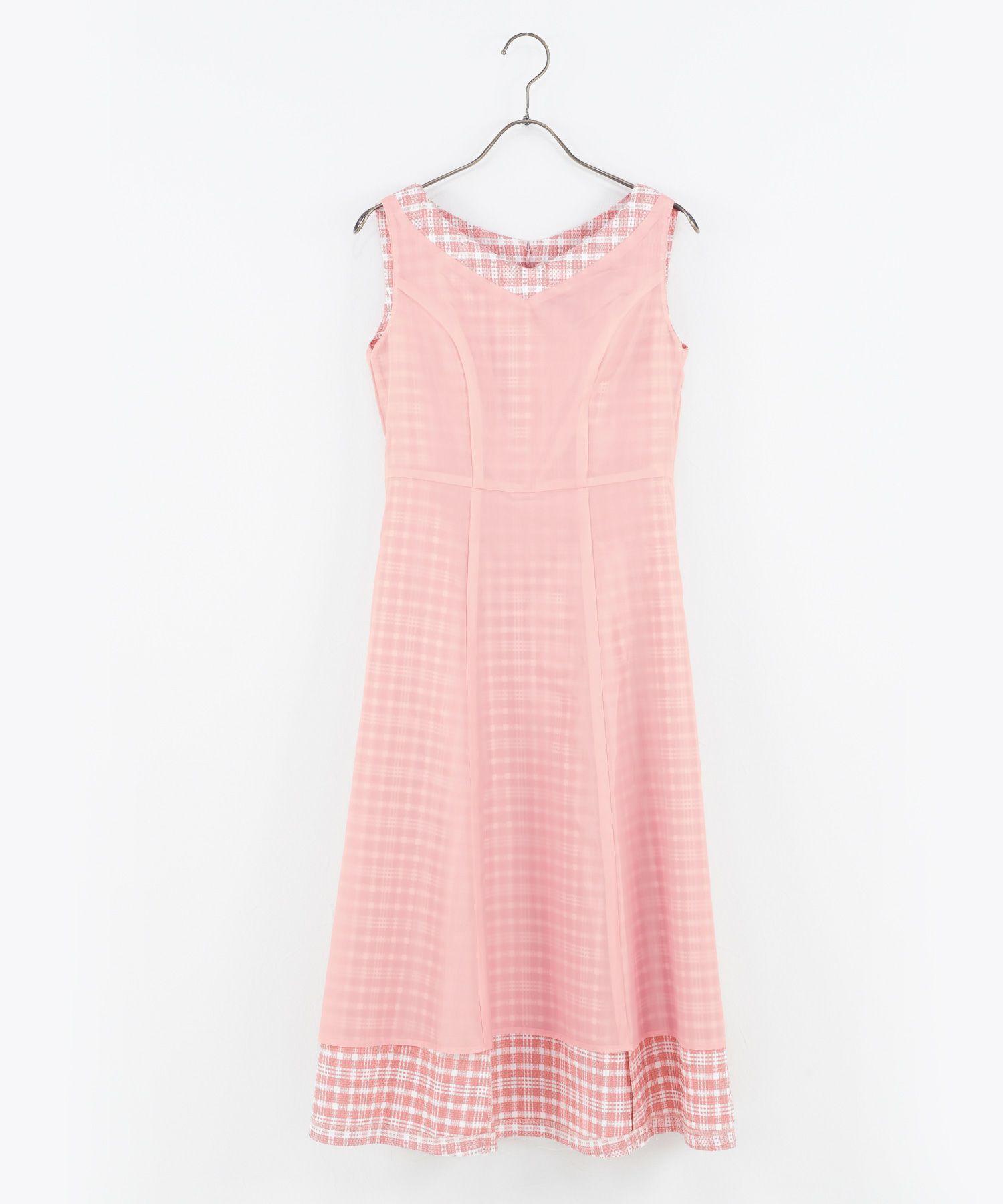 レディース/ワンピース/ドレス/ノースリーブ/ノースリーブ/襟付き/白襟/衿/フレア/フェミニン/エレガントロング/細見え/上品/チェック/ピンク/ブルー/ブラック/青/黒/華やか/可愛い/春/夏/秋口/チェックワンピース/Vネック/上品/バイカラー/配色/フィット＆フレア/取り外し