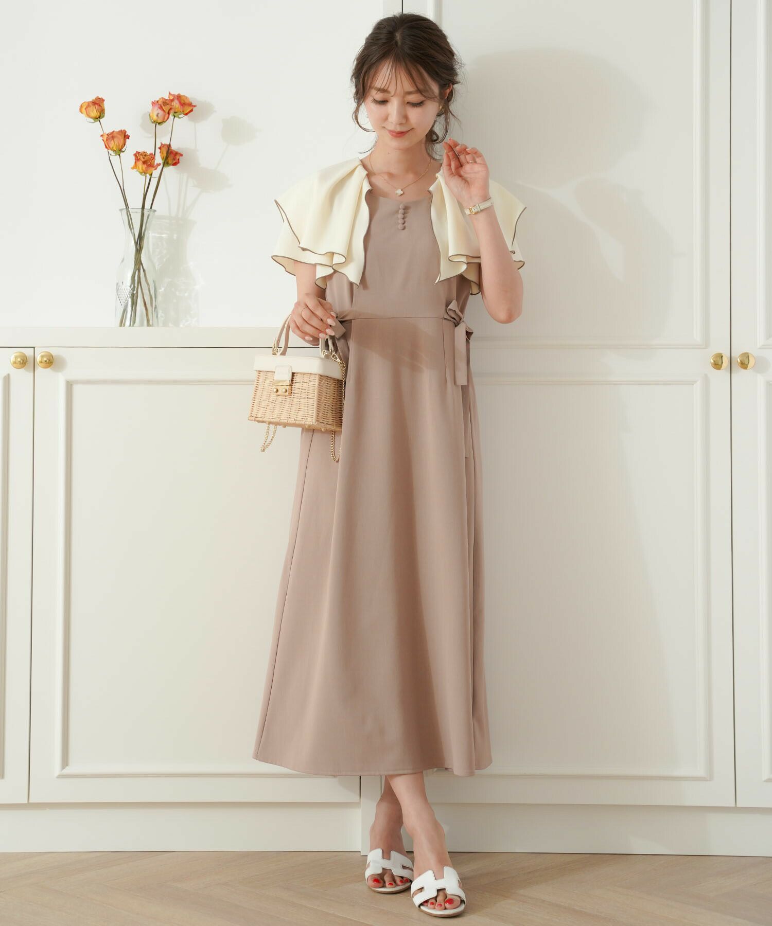 バイカラー フレアスリーブ サイドリボン ワンピース le reve vaniller