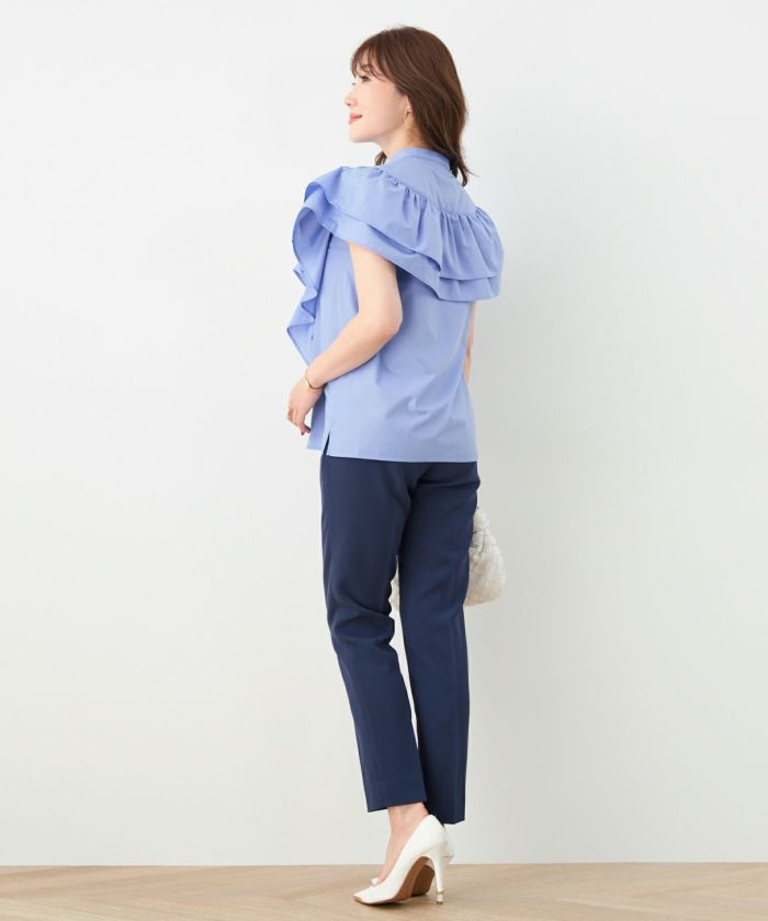 バンドカラー パールボタン 2段フリル ブラウス Liala×PG 全3色