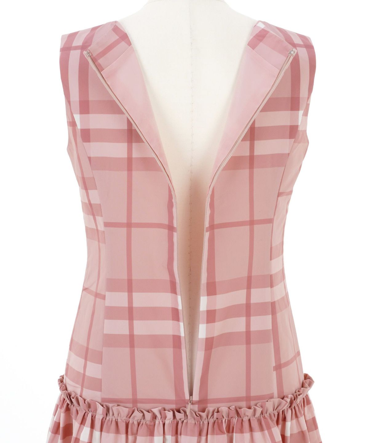 手洗い可/ドレス/チェック柄/ノースリーブ/ギャザー切り替え/膝上/ピンク/ブラック/ハリ感/ポリエステル/トラディショナル/フレア/フェミニン/上品/エレガント/お呼ばれ/食事会/ディナー/デート/おしゃれ/レディース/黒/ファスナー