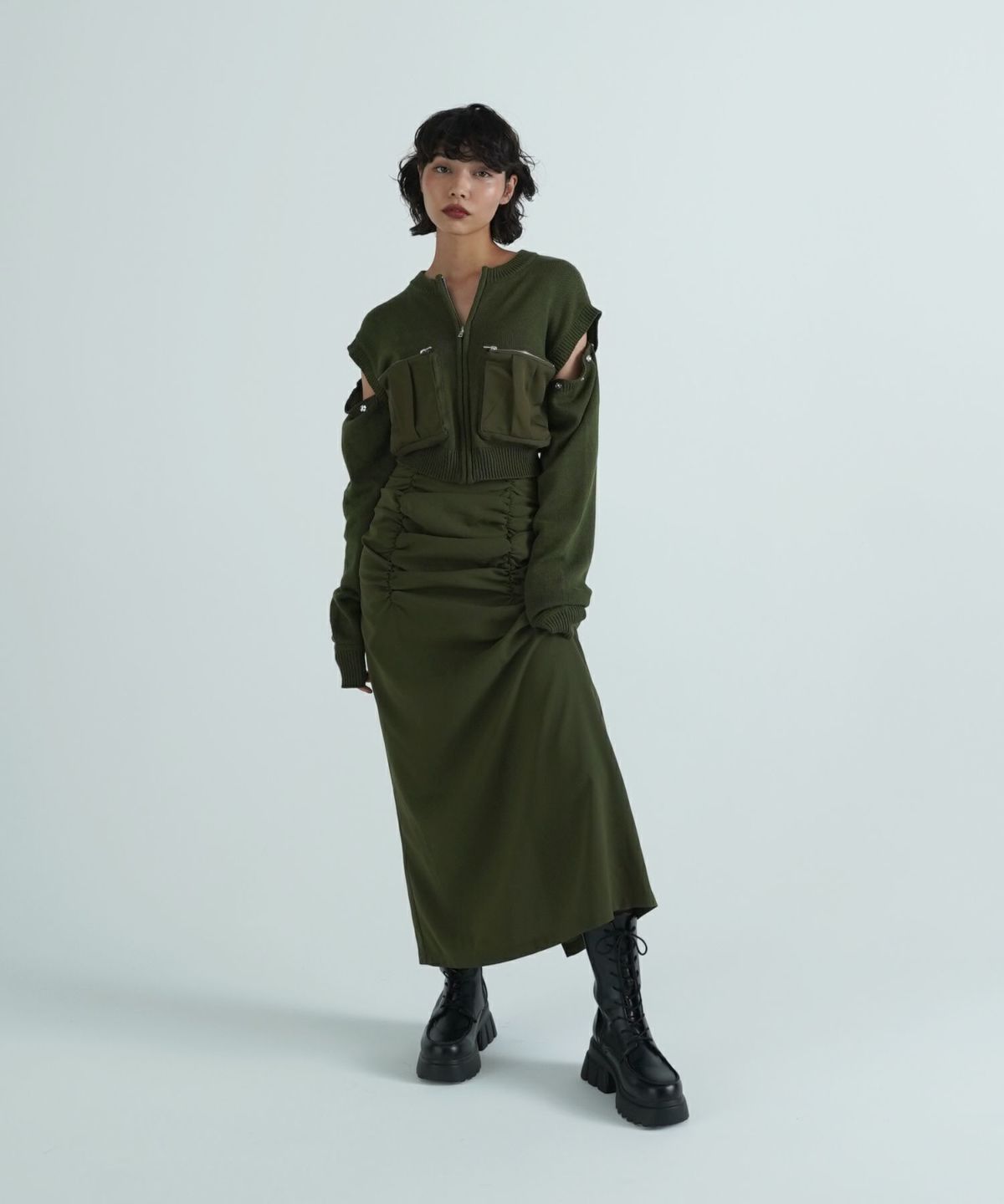 スカート/ボトムス/シャーリング/カーキ/グレージュ