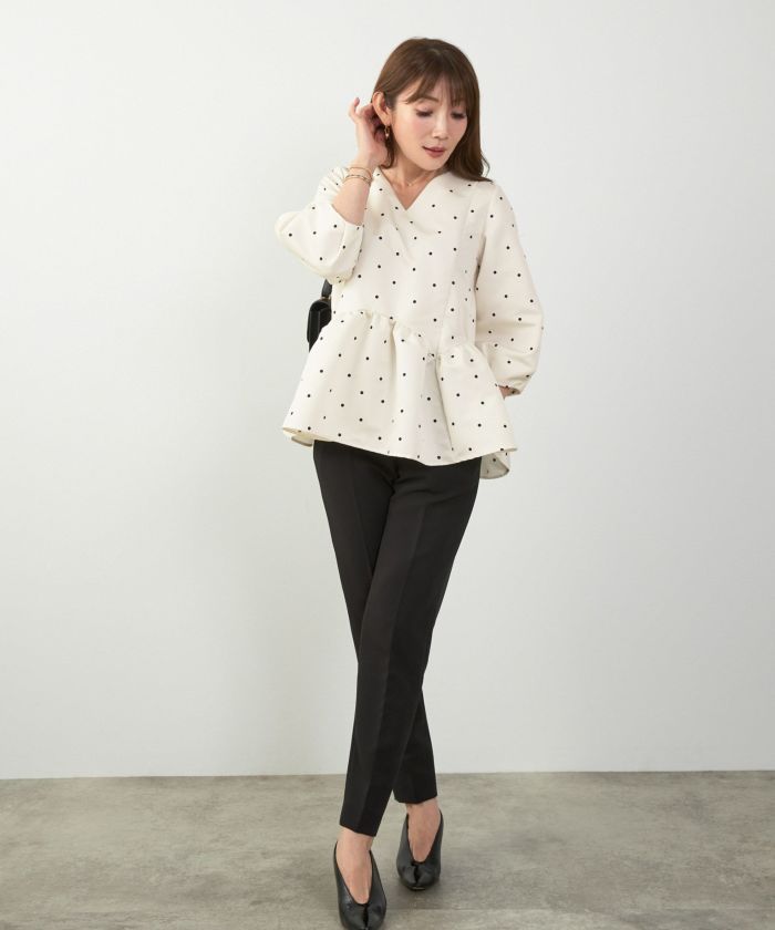 手洗い可新色追加日本製ペプラム無地ドット柄フレアタック春秋大人カジュアルきれいめジョイントスペース