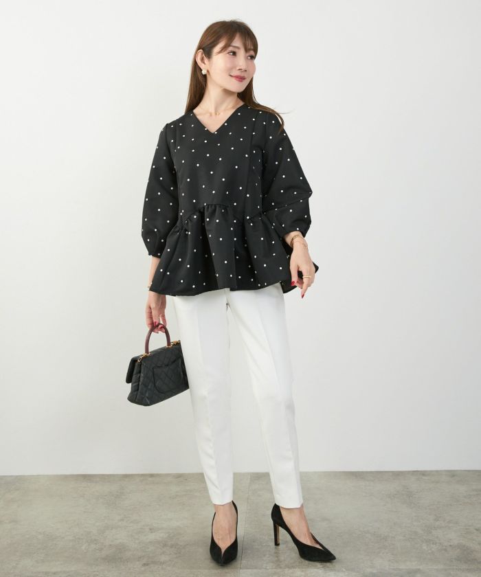 手洗い可新色追加日本製ペプラム無地ドット柄フレアタック春秋大人カジュアルきれいめジョイントスペース