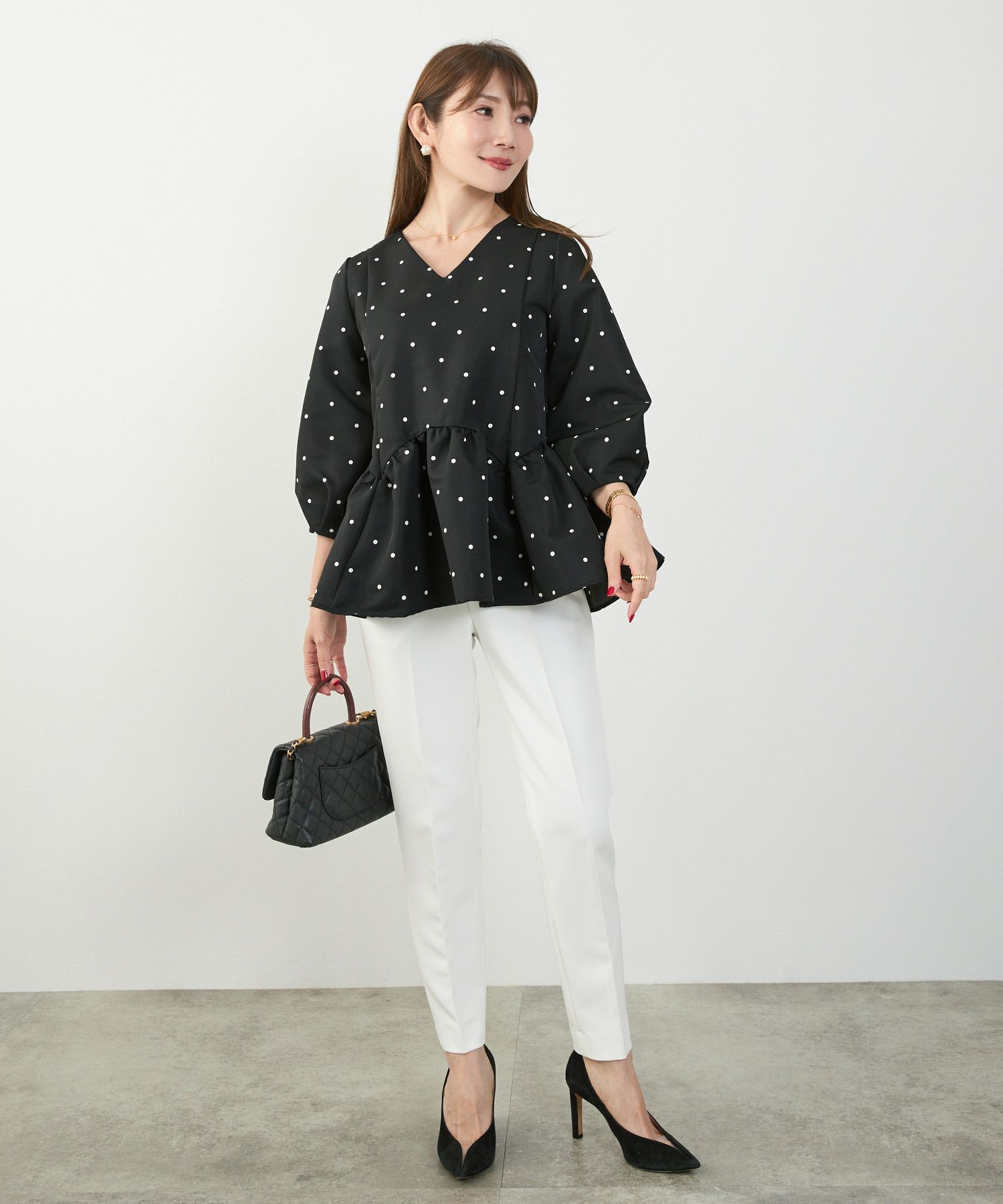 手洗い可新色追加日本製ペプラム無地ドット柄フレアタック春秋大人カジュアルきれいめジョイントスペース