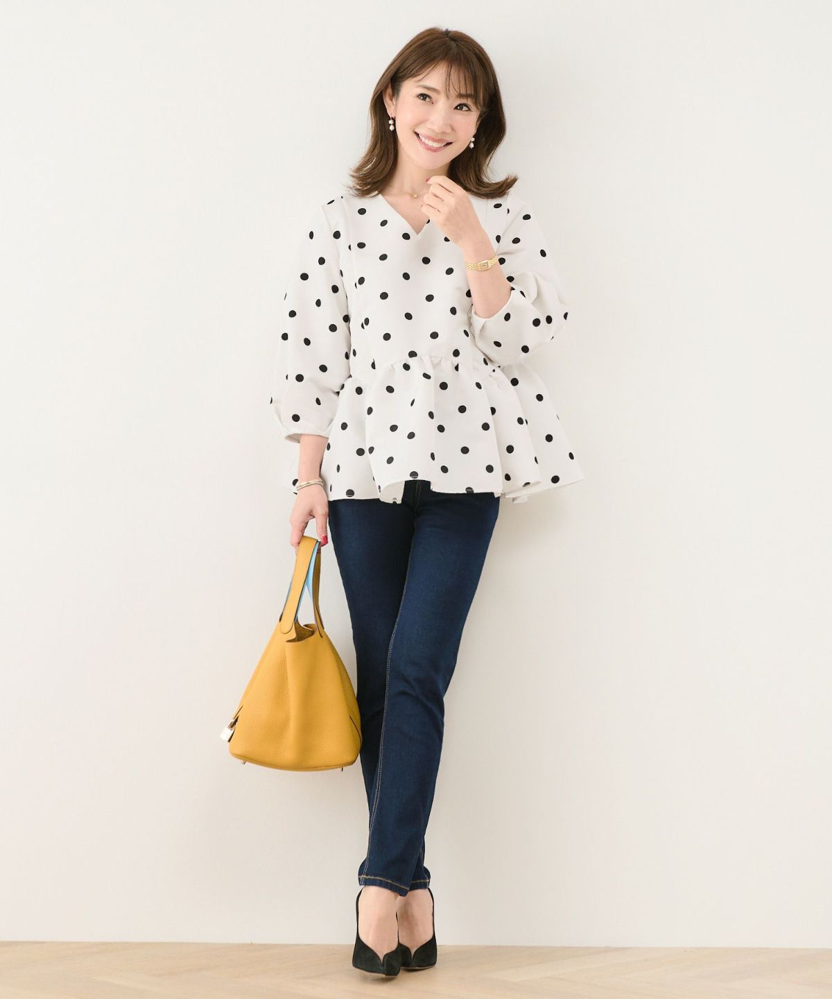手洗い可新色追加日本製ペプラム無地ドット柄フレアタック春秋大人カジュアルきれいめジョイントスペース