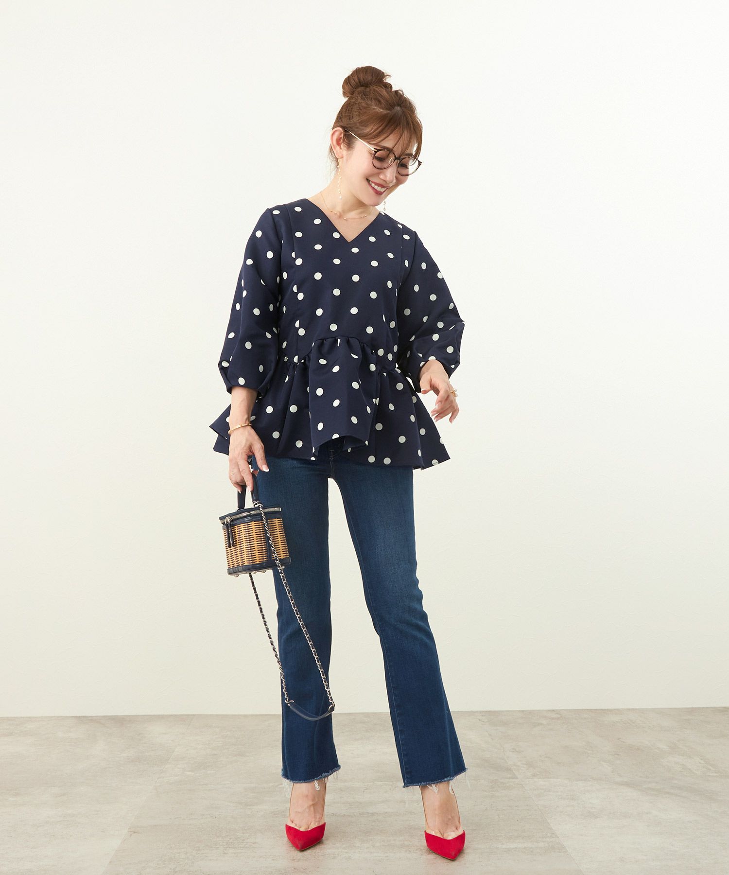 手洗い可新色追加日本製ペプラム無地ドット柄フレアタック春秋大人カジュアルきれいめジョイントスペース