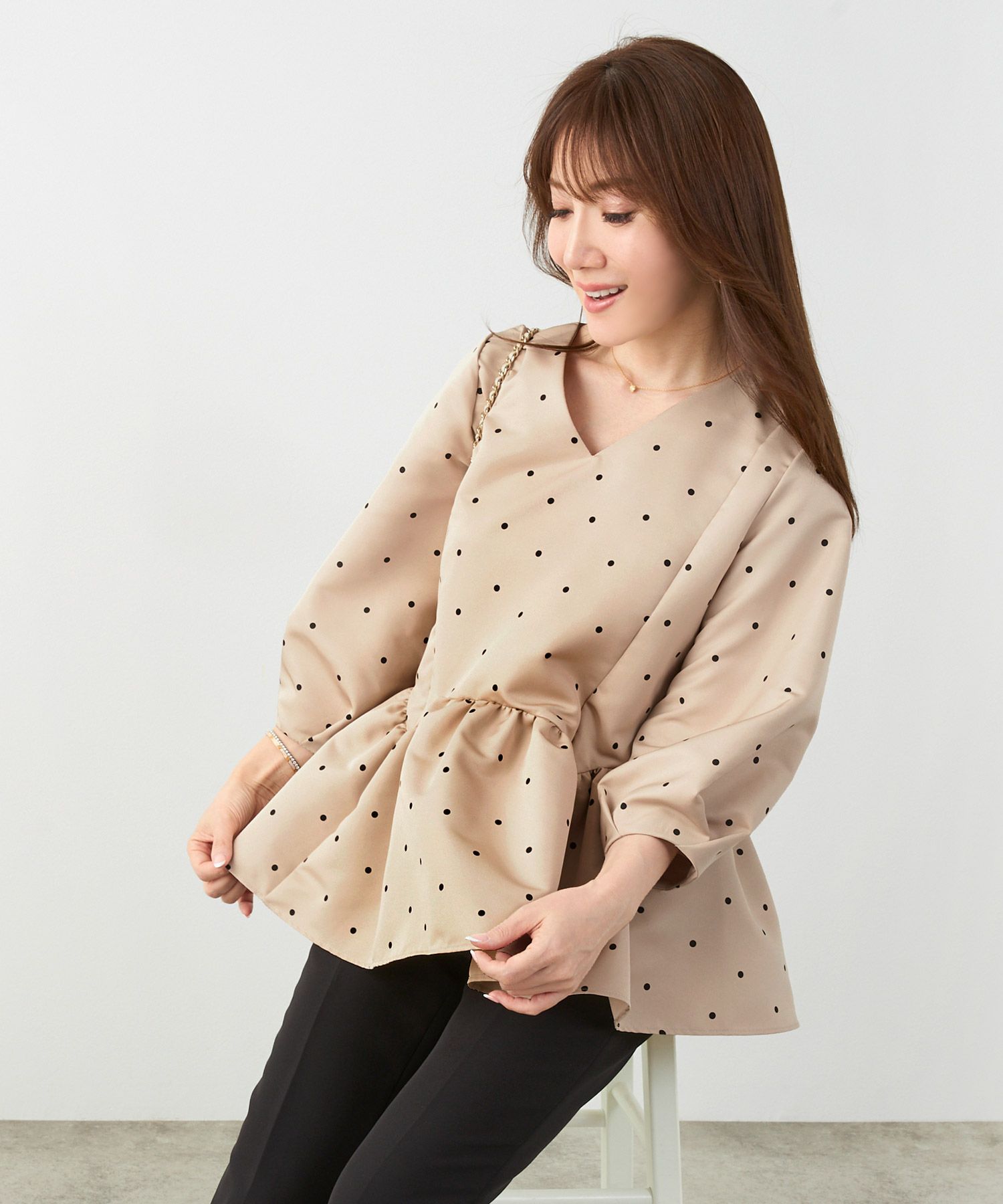 手洗い可新色追加日本製ペプラム無地ドット柄フレアタック春秋大人カジュアルきれいめジョイントスペース