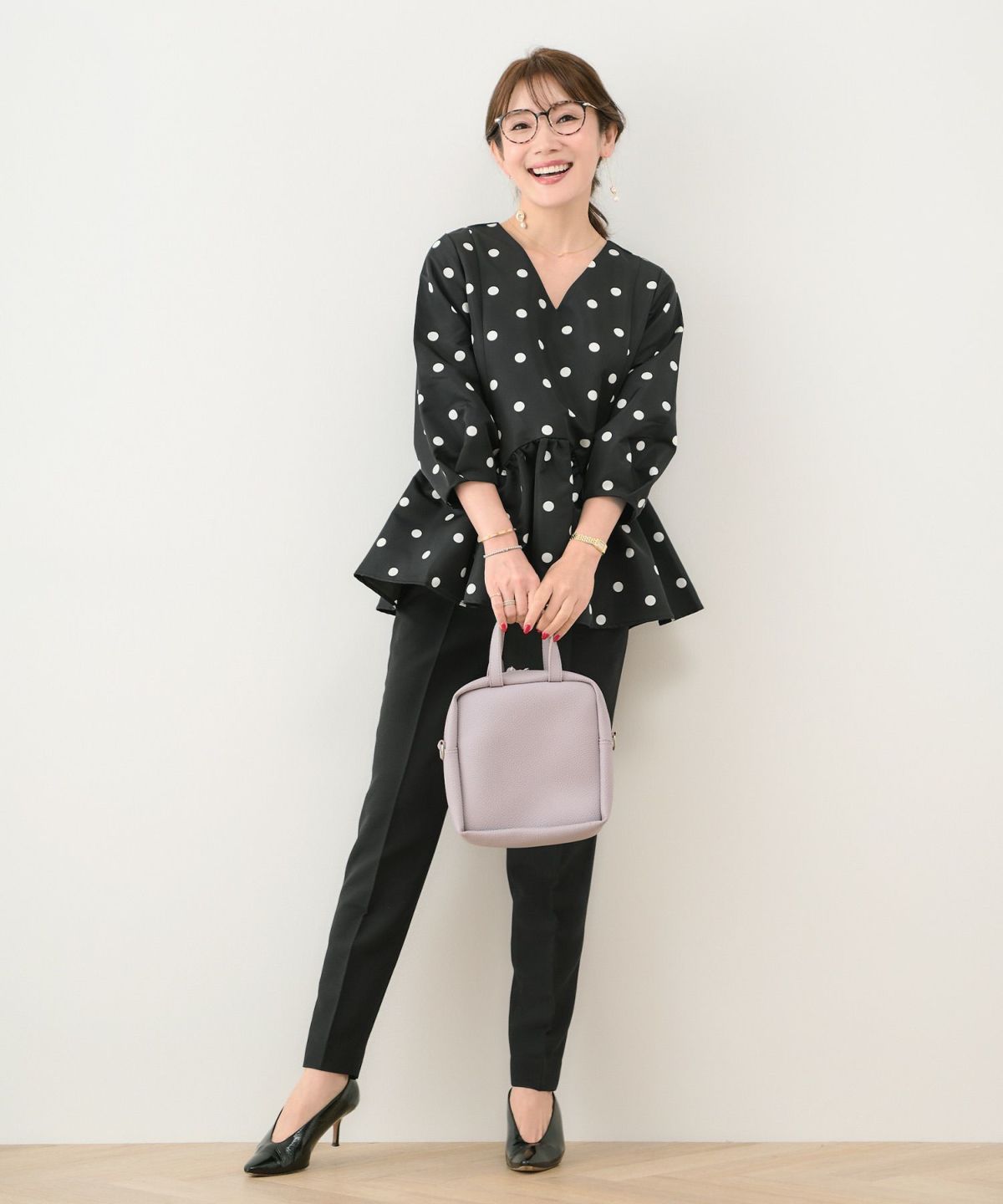 手洗い可新色追加日本製ペプラム無地ドット柄フレアタック春秋大人カジュアルきれいめジョイントスペース