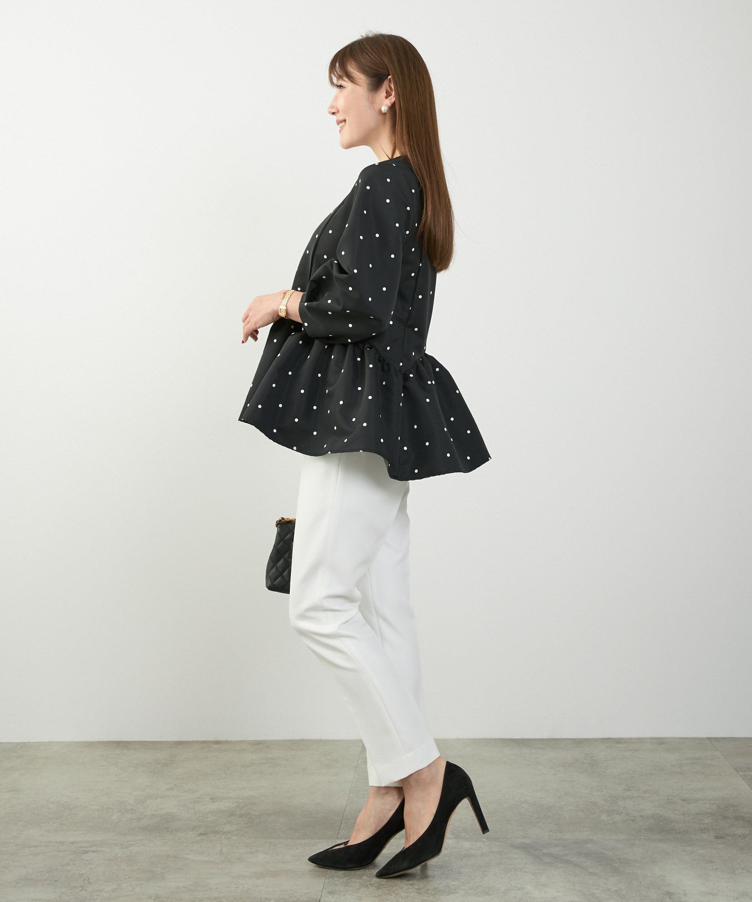 手洗い可新色追加日本製ペプラム無地ドット柄フレアタック春秋大人カジュアルきれいめジョイントスペース