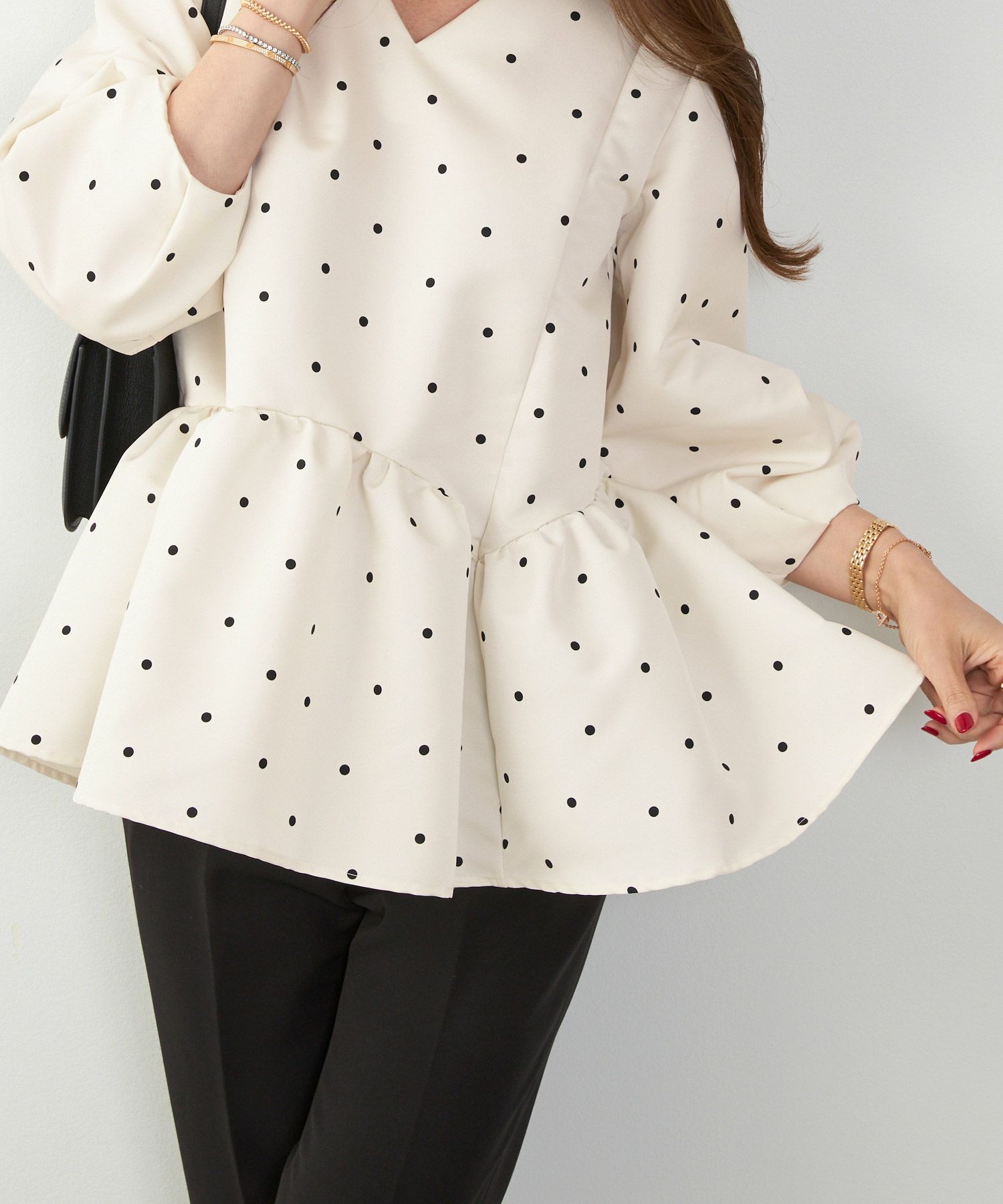 手洗い可新色追加日本製ペプラム無地ドット柄フレアタック春秋大人カジュアルきれいめジョイントスペース