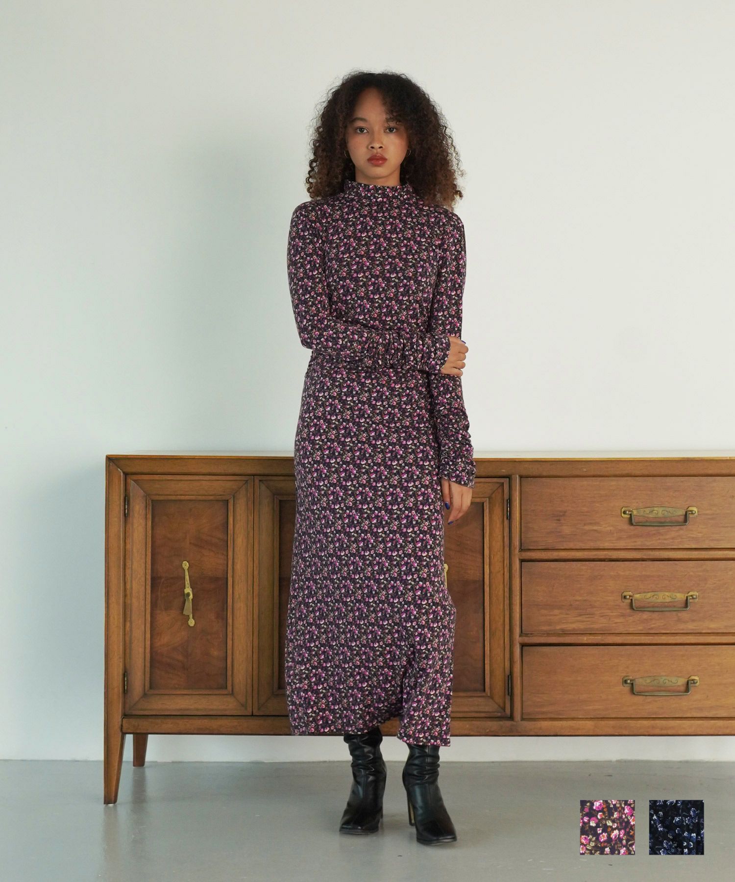 花柄シャーリング カットソーワンピース TINA：JOJUN 全2色｜tnj312 