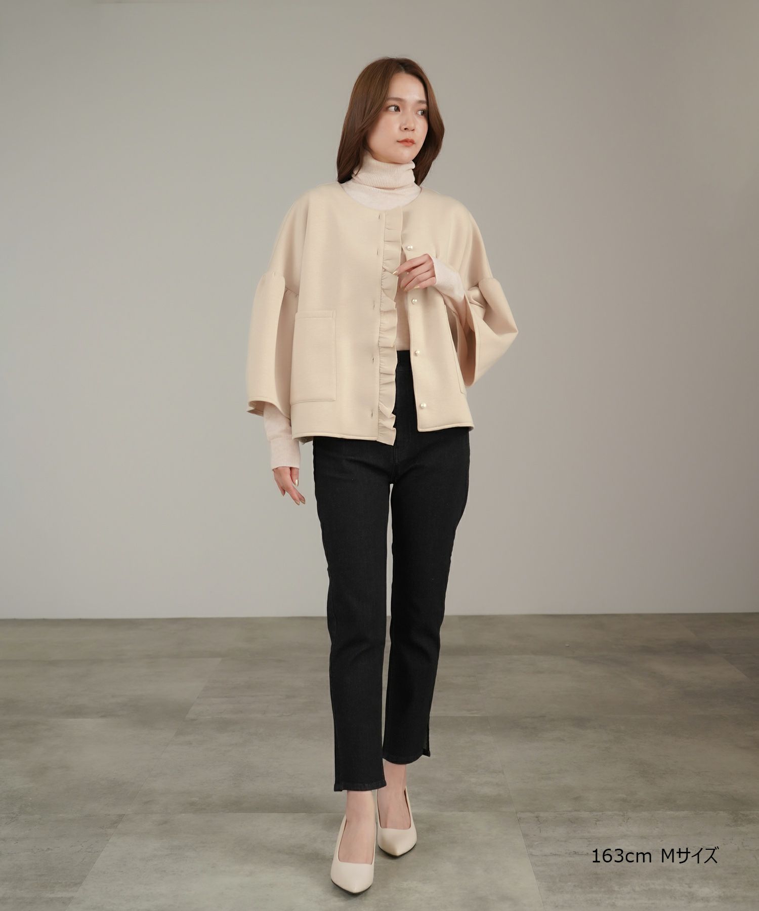 ライトアウター/長袖/羽織り/コート/ポケット/パールボタン/ホワイト/ネイビー/ベージュ/ブラック