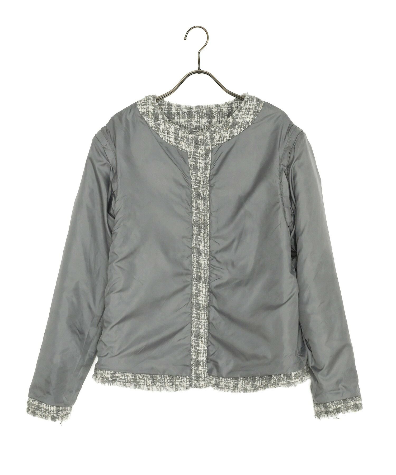 レディース/アウター/ジャケット/ジレ/ツイード/2WAY/フリンジ/ポケット/エンブレムボタン/ファスナー/グレー/ベージュ/長袖/上品/エレガント/秋/冬/