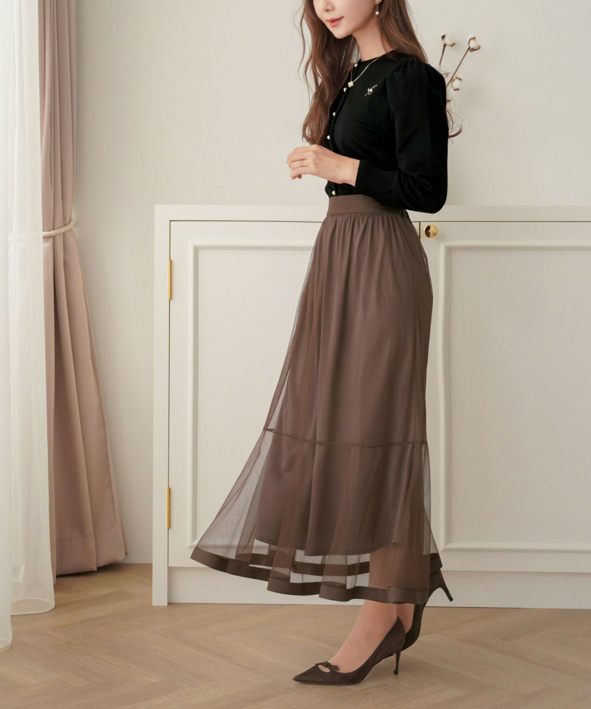 レディース/ボトム/スカート/チュール/フレア/ボリューム/透け感/グレー/ブラウン/オールシーズン/上品/エレガント/フェミニン