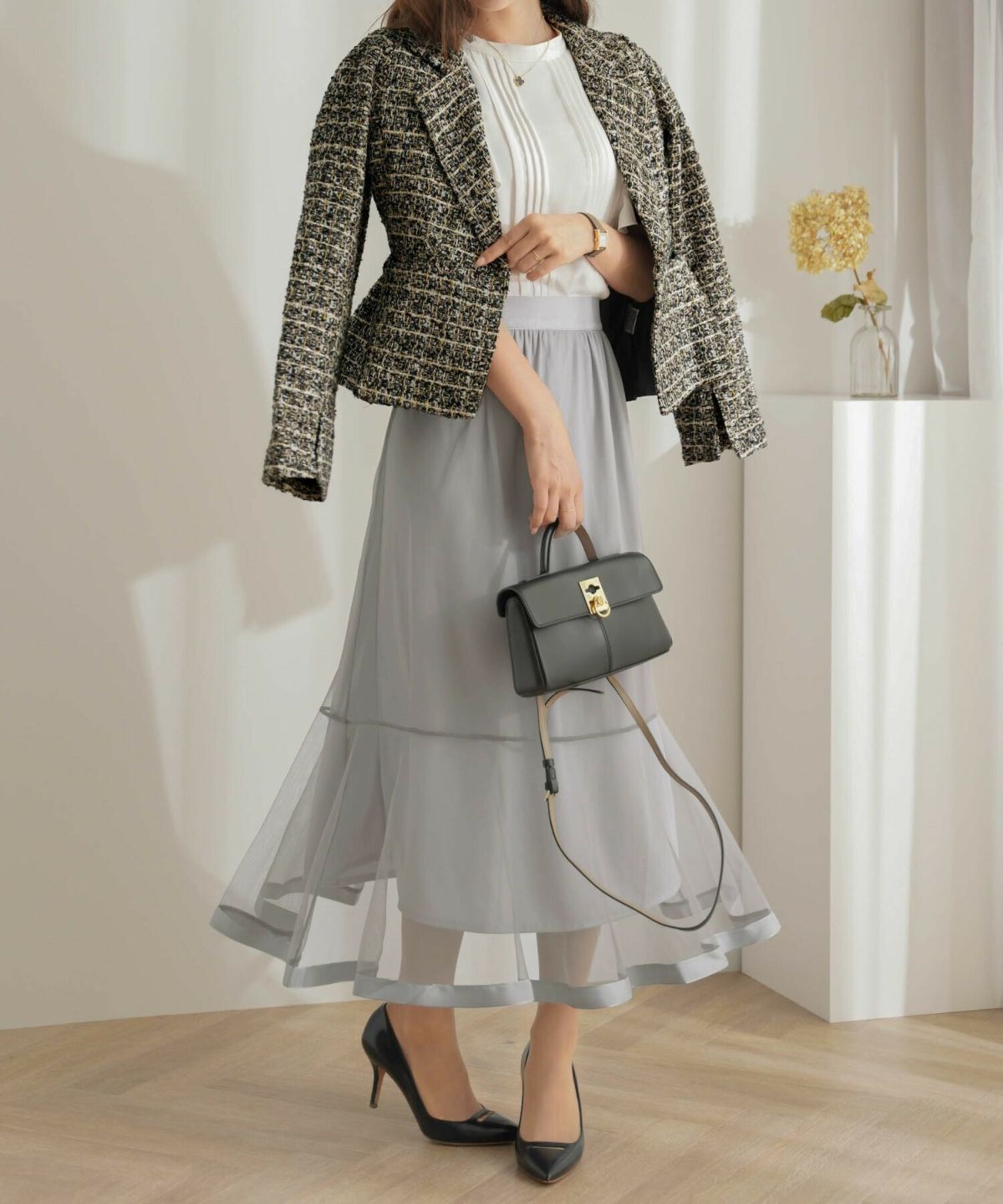 レディース/ボトム/スカート/チュール/フレア/ボリューム/透け感/グレー/ブラウン/オールシーズン/上品/エレガント/フェミニン