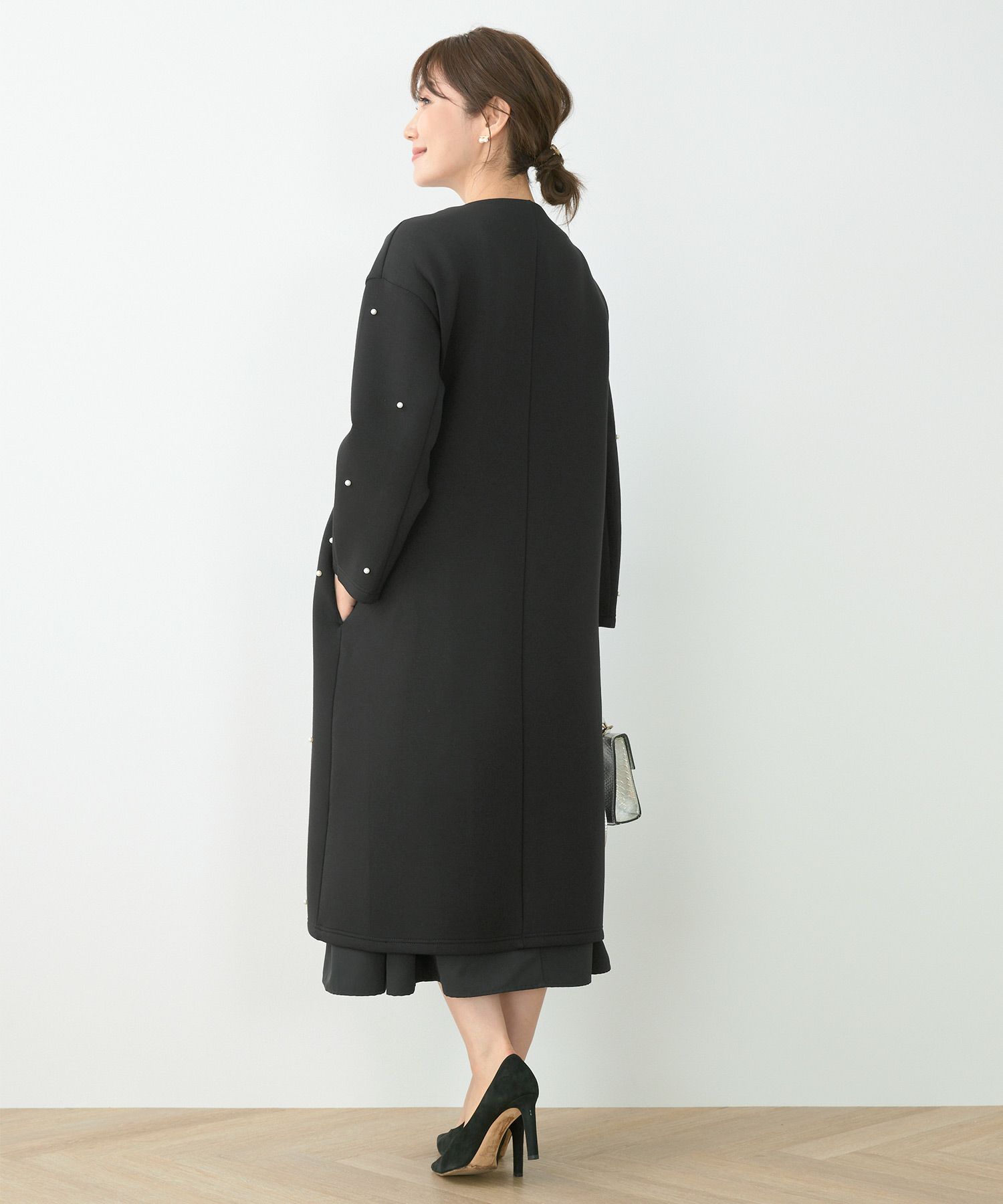 新色追加/コート/ライトアウター/羽織/ノーカラー/オケージョン/きれいめ/ポケット付き/フライフロント/くるみボタン