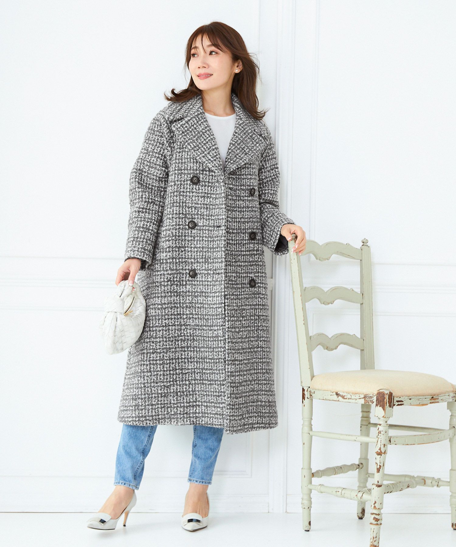 Winter-SALE テーラーカラー ダブル釦 ツイード コート Liala×PG 全6色 