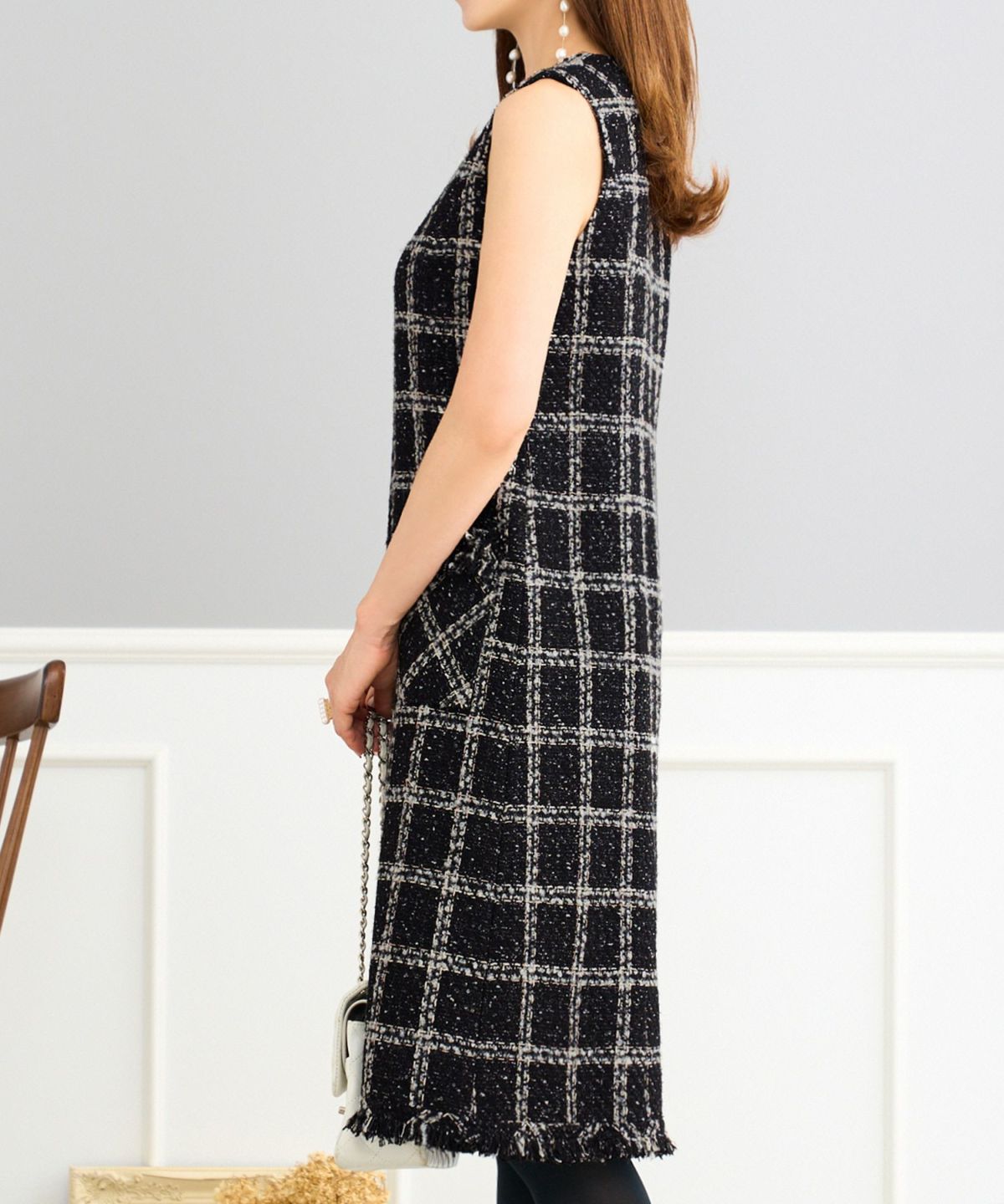 ノースリーブ/フロントファスナー/パール/ポケット/フリンジ/エレガント/S/M