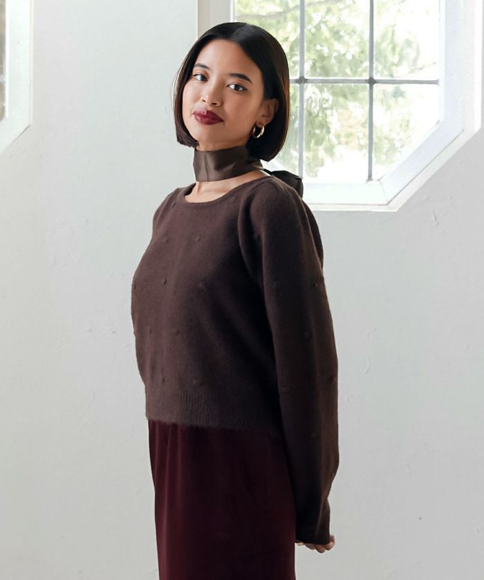 【楽ギフ_包装】 TINA：JOJUN 茶 ブラウン ニットチュニック トップス