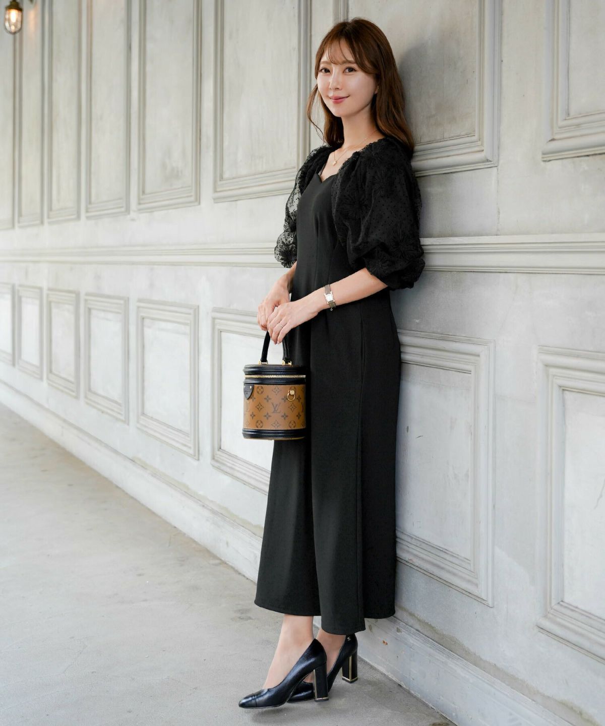 レディース/ワンピース/カットワンピース/マキシ丈/花柄/チュール/シアー/パフスリーブ/リブ/ドッキング/ハートネック/8部丈/タック/ピンクベージュ/ブラック/袖チュール/バイカラー/大人/カジュアル/上品/エレガント/フェミニン