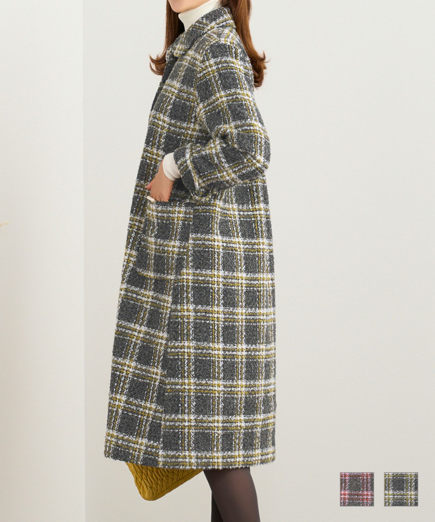 カラーチェック ツイード ビジュー釦 コート Prima Scherrer