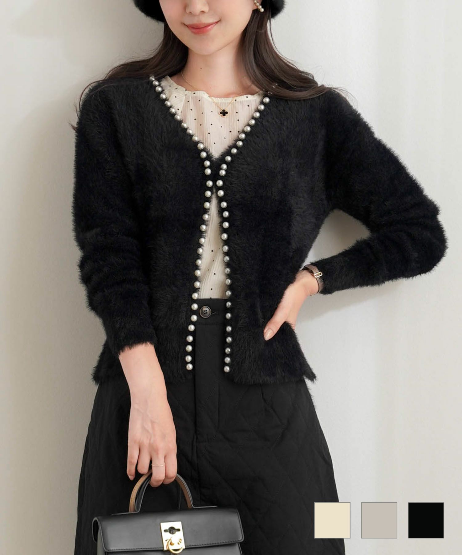 レディース/ニット/カーディガン/シャギー/パール/ふわふわ/長袖/トップス/エレガント/フェミニン/上品/可愛い/トレンド/秋/冬/アイボリー/グレー/ブラック/スリット
